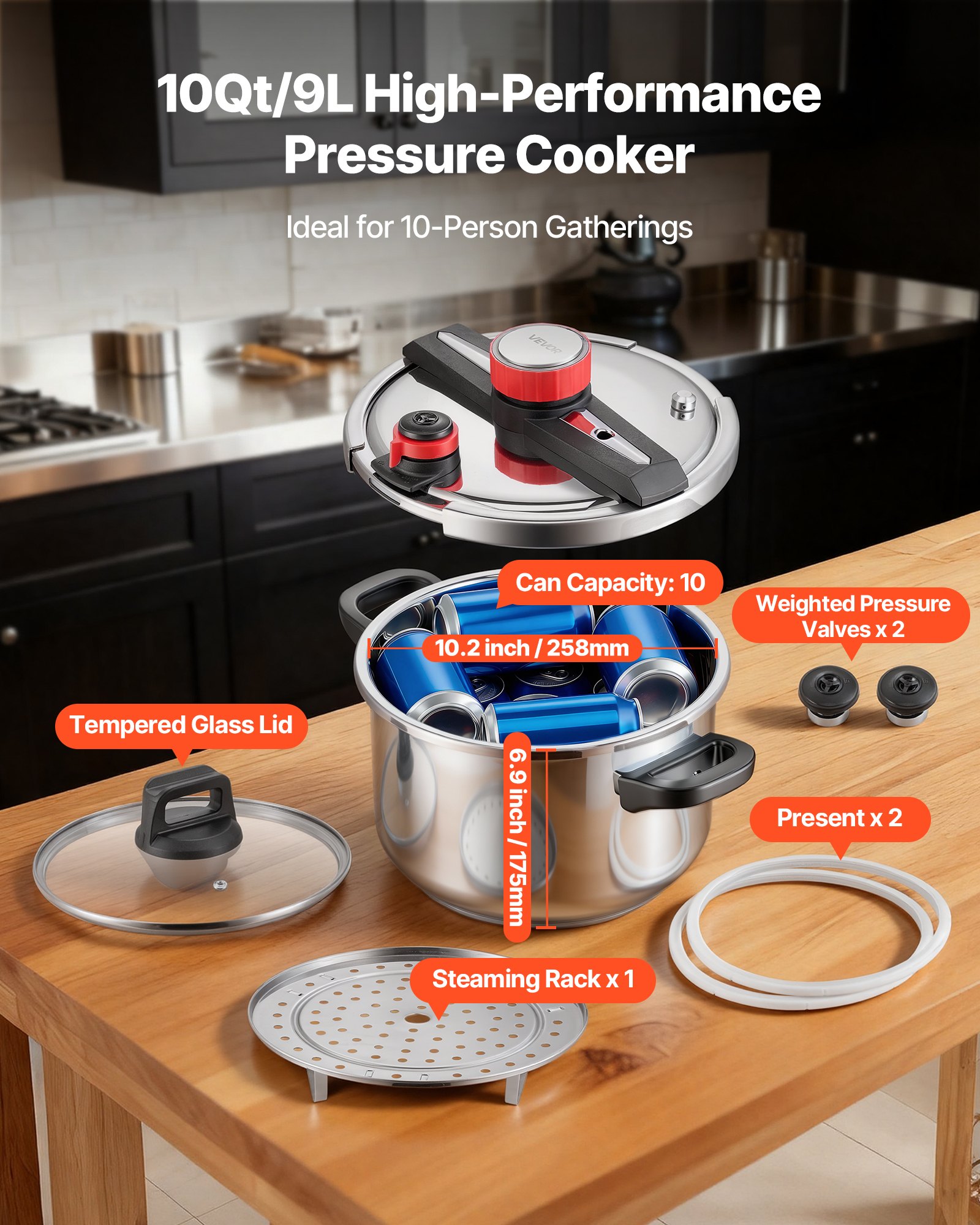 VEVOR Olla a Presión 9 L, Acero Inoxidable, con Rejilla para Cocinar al Vapor, Tapa de Vidrio Templado, 3 Configuraciones de Presión para Carne, Frijoles, Arroz, Sopa, 405 x 284 x 255/245 mm