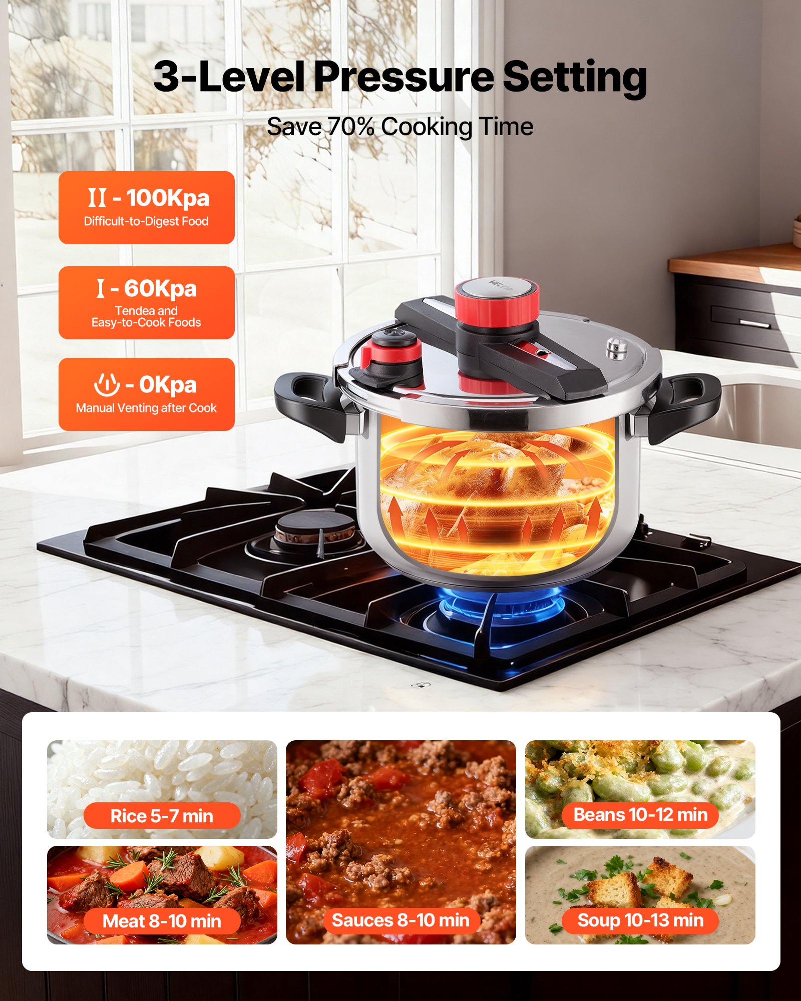 VEVOR Olla a Presión 9 L, Acero Inoxidable, con Rejilla para Cocinar al Vapor, Tapa de Vidrio Templado, 3 Configuraciones de Presión para Carne, Frijoles, Arroz, Sopa, 405 x 284 x 255/245 mm