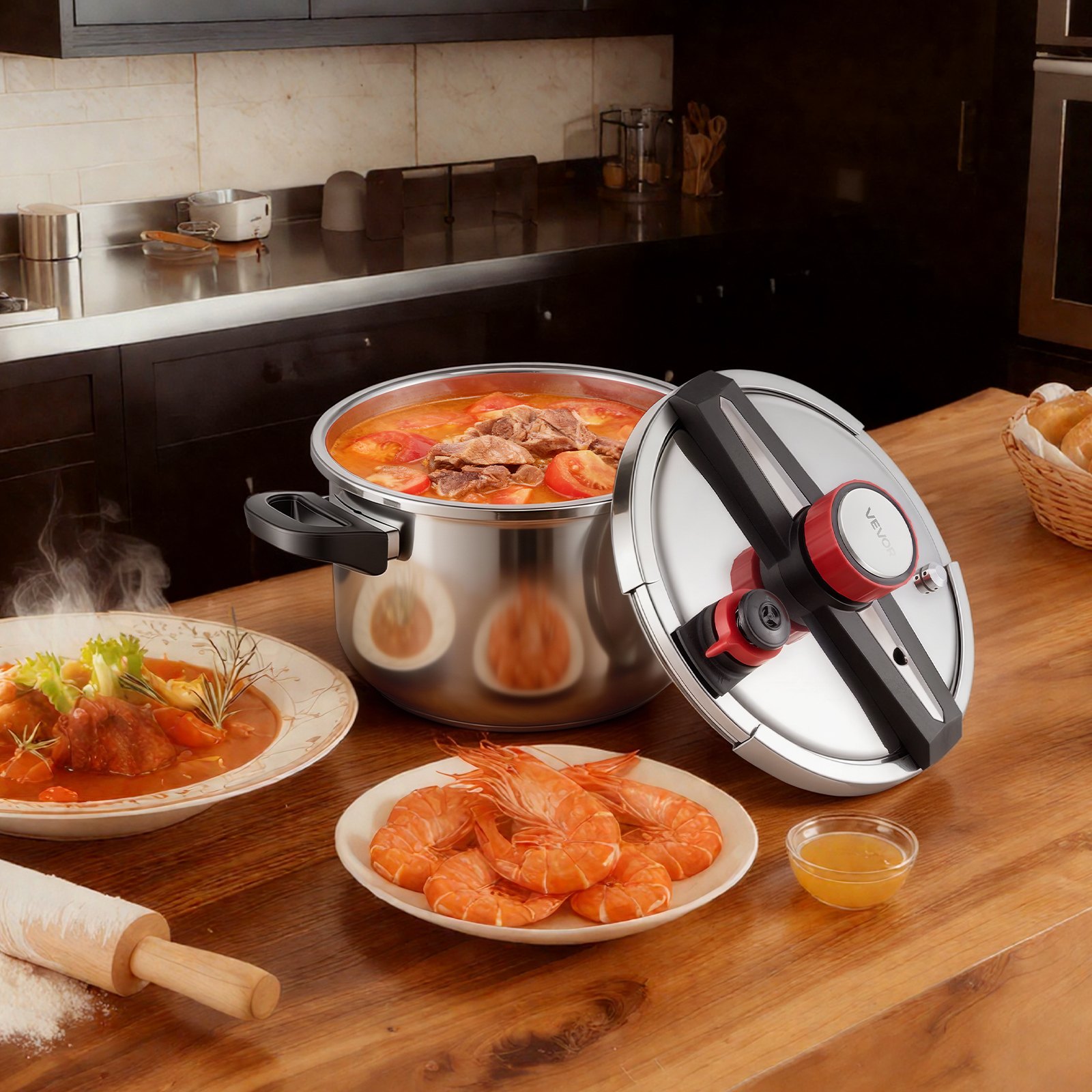VEVOR Olla a Presión 9 L, Acero Inoxidable, con Rejilla para Cocinar al Vapor, Tapa de Vidrio Templado, 3 Configuraciones de Presión para Carne, Frijoles, Arroz, Sopa, 405 x 284 x 255/245 mm