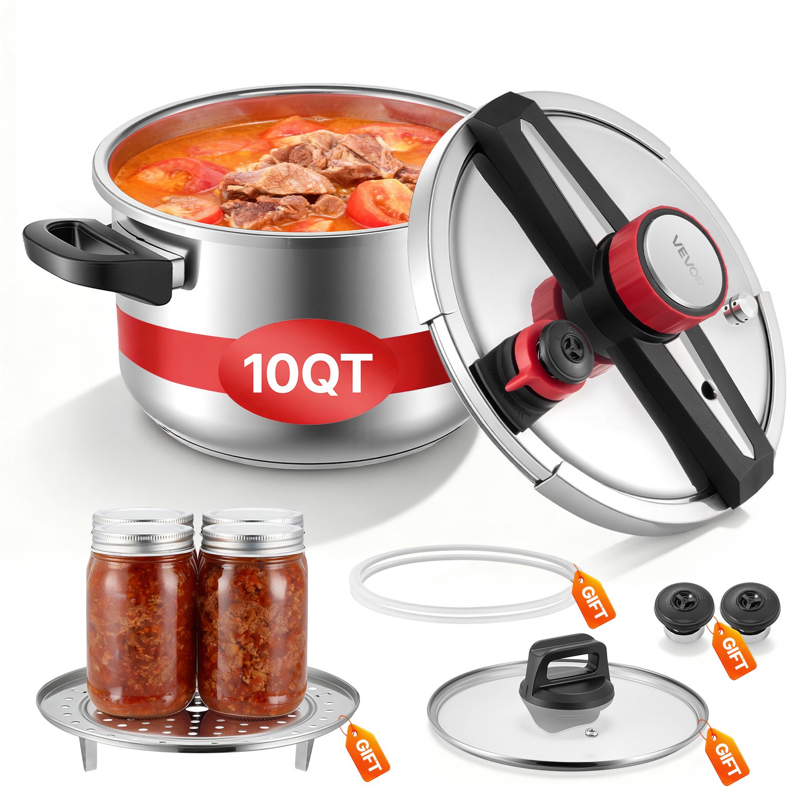 VEVOR Olla a Presión 9 L, Acero Inoxidable, con Rejilla para Cocinar al Vapor, Tapa de Vidrio Templado, 3 Configuraciones de Presión para Carne, Frijoles, Arroz, Sopa, 405 x 284 x 255/245 mm