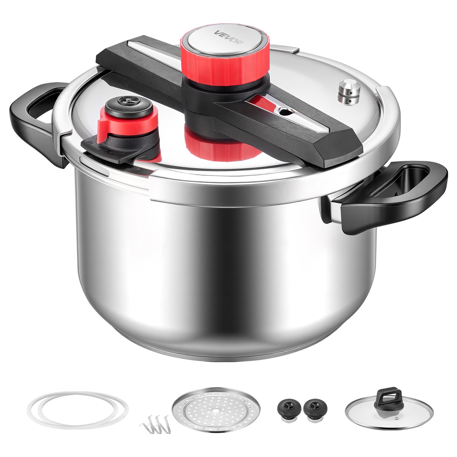 VEVOR Olla a Presión 9 L, Acero Inoxidable, con Rejilla para Cocinar al Vapor, Tapa de Vidrio Templado, 3 Configuraciones de Presión para Carne, Frijoles, Arroz, Sopa, 405 x 284 x 255/245 mm