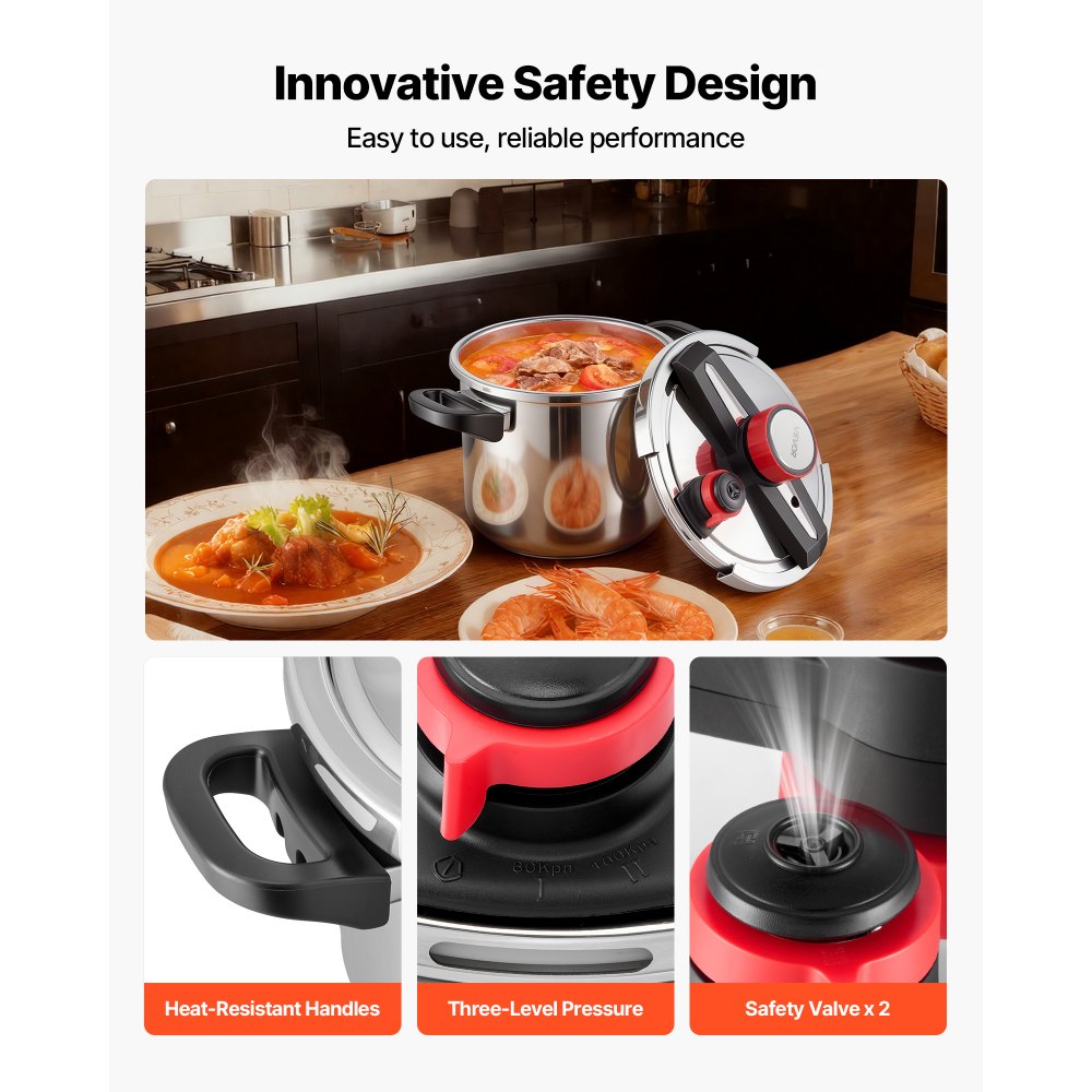 VEVOR Olla a Presión 7 L, de Acero Inoxidable, con Rejilla para Cocinar al Vapor, Tapa de Vidrio Templado, Tres Configuraciones de Presión para Carne, Frijoles, Arroz, 365 x 240 x 265/255 mm