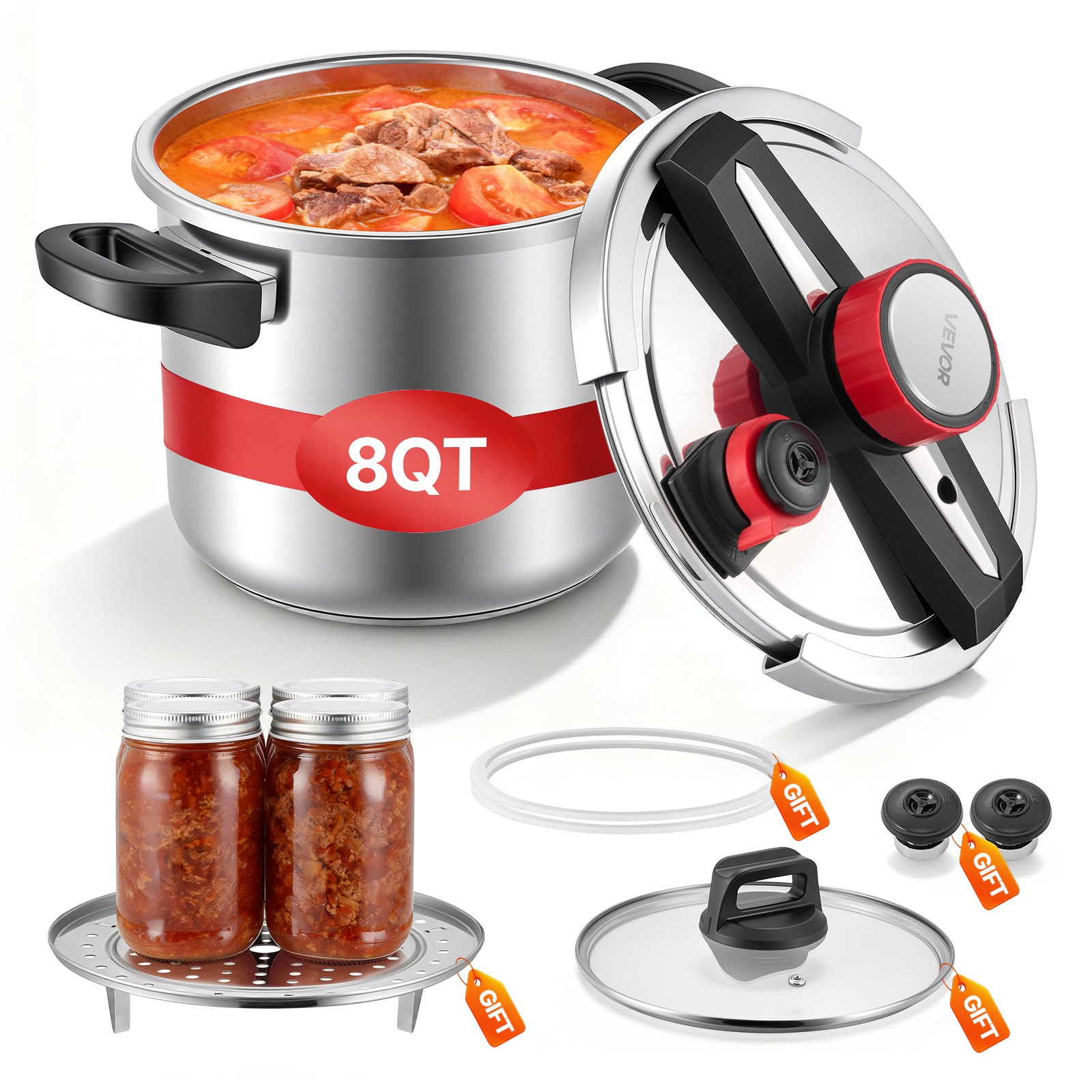 VEVOR Olla a Presión 7 L, de Acero Inoxidable, con Rejilla para Cocinar al Vapor, Tapa de Vidrio Templado, Tres Configuraciones de Presión para Carne, Frijoles, Arroz, 365 x 240 x 265/255 mm