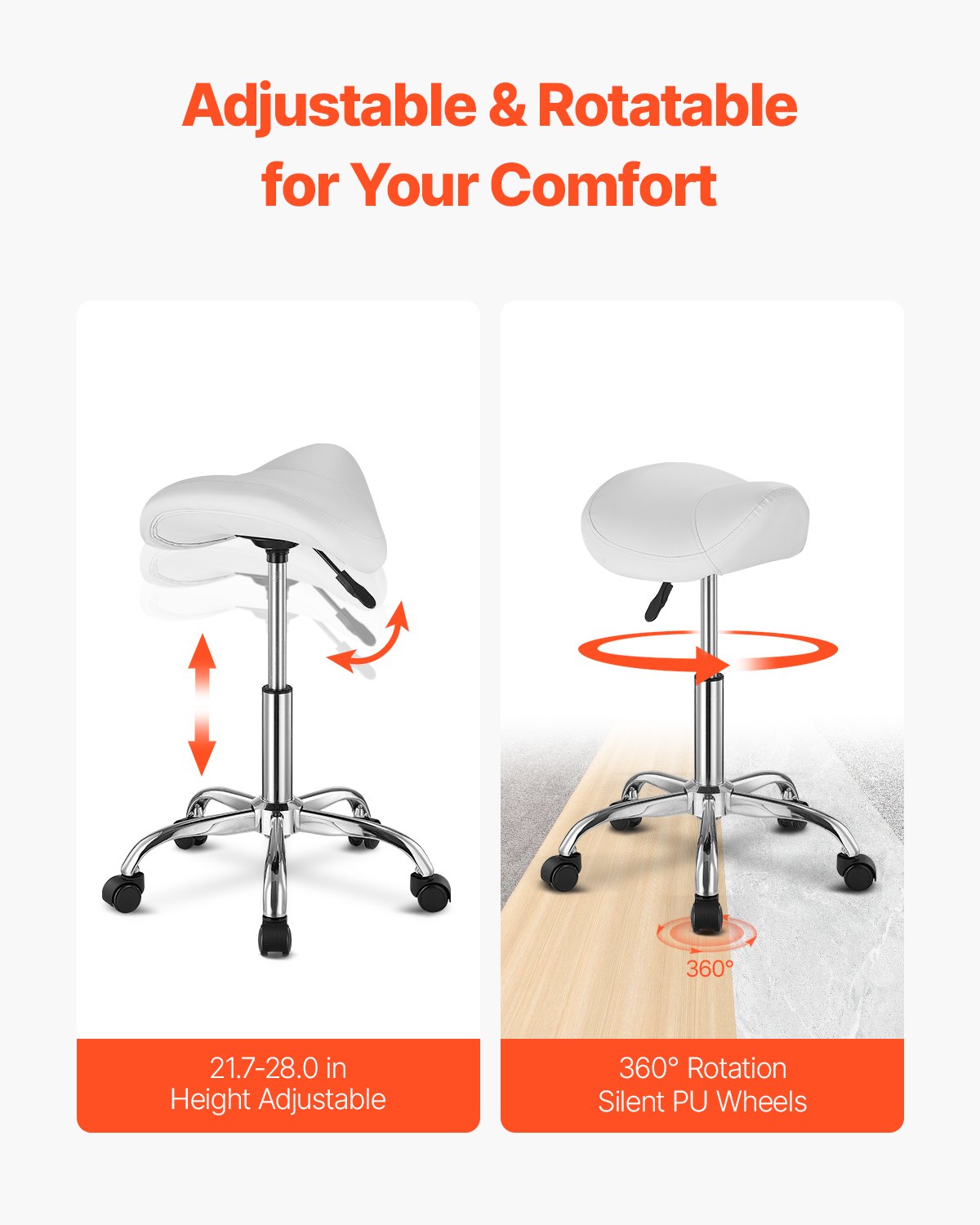 VEVOR Taburete Giratorio de Altura Ajustable de 55-71 cm, Carga de 204 kg, Taburete de Trabajo, Silla de Montar Giratoria Ergonómica de Cuero de PU Engrosada para Salón Spa Clínica de Masaje, Blanco