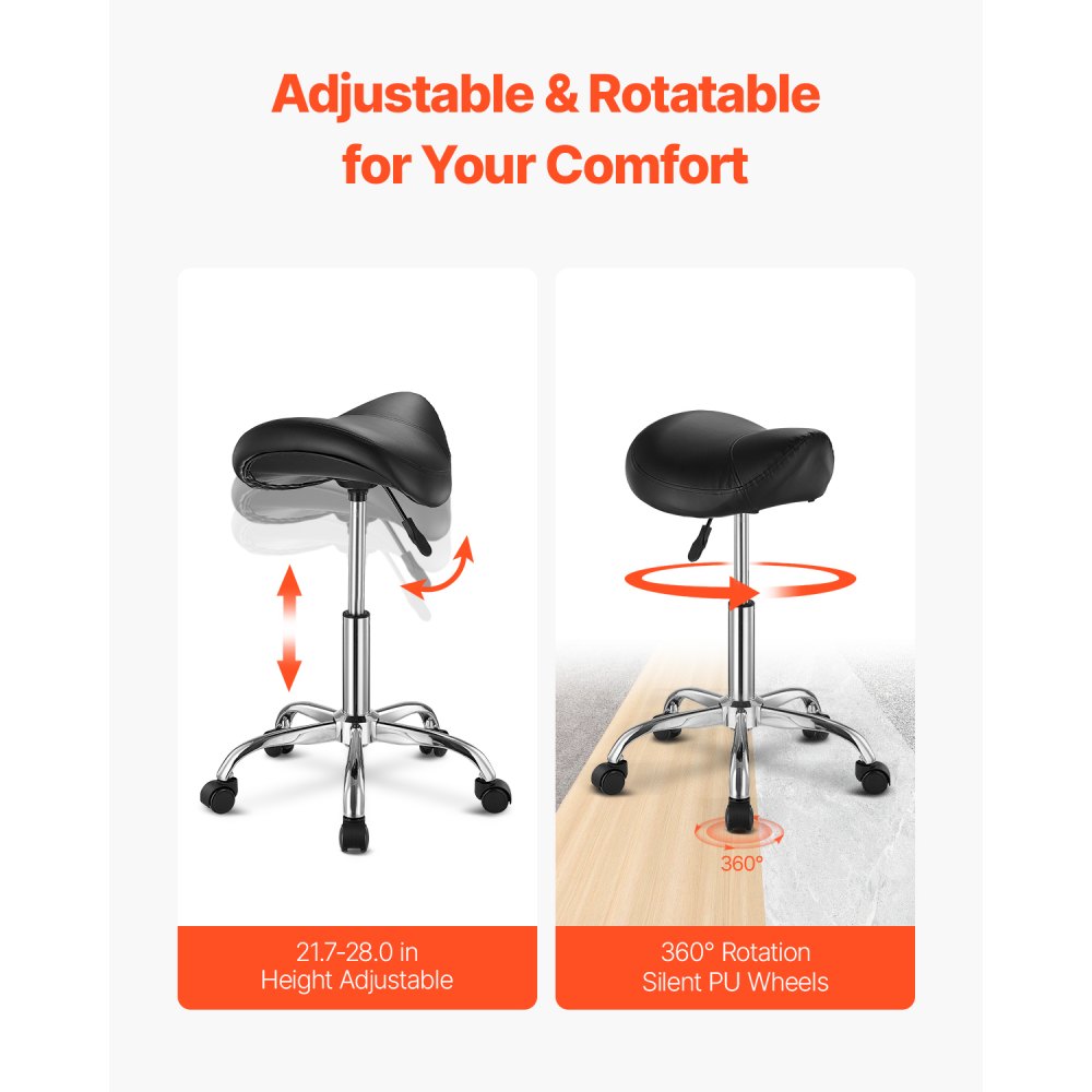 VEVOR Saddle Stool Rolling Stool 204 kg Load Capacity Height Adjustable (55-71 cm) Swivel Stool Work Stool, Ergonomic Thickened PU Leather Swivel Saddle Chair for Salon Spa Massage Clinic, Black