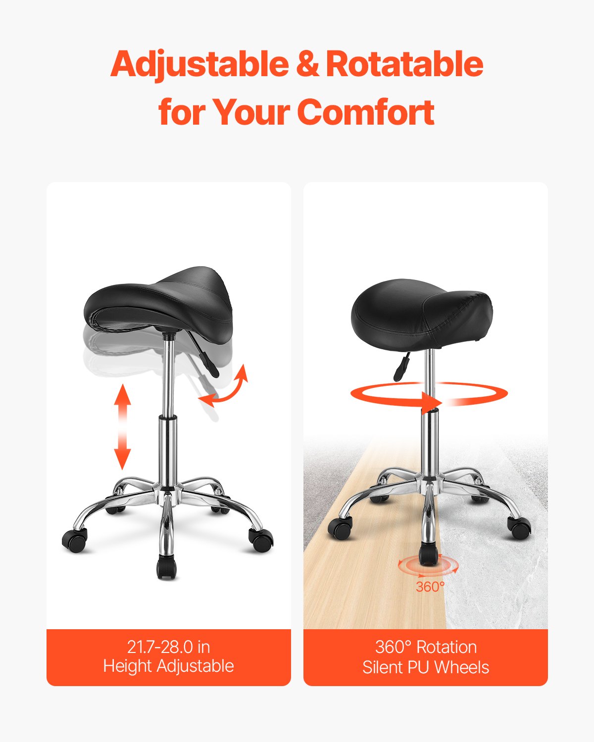 VEVOR Saddle Stool Rolling Stool 204 kg Load Capacity Height Adjustable (55-71 cm) Swivel Stool Work Stool, Ergonomic Thickened PU Leather Swivel Saddle Chair for Salon Spa Massage Clinic, Black