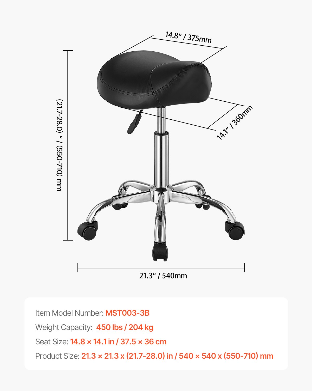 VEVOR Saddle Stool Rolling Stool 204 kg Load Capacity Height Adjustable (55-71 cm) Swivel Stool Work Stool, Ergonomic Thickened PU Leather Swivel Saddle Chair for Salon Spa Massage Clinic, Black