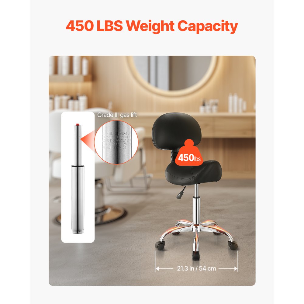 VEVOR Saddle Stool Rolling Stool 204 kg Load Capacity Height Adjustable (84-100 cm) Swivel Stool Work Stool with Backrest, Ergonomic PU Leather Swivel Saddle Chair for Salon Spa Massage Clinic