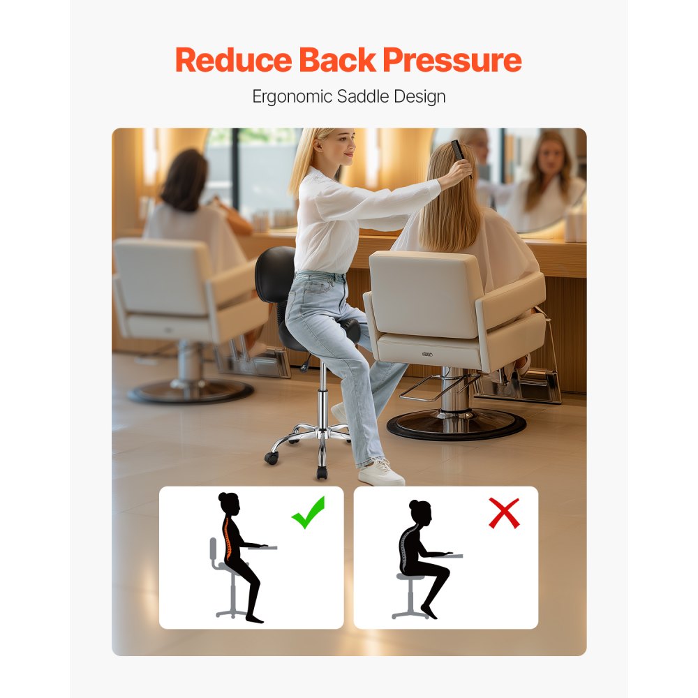 VEVOR Saddle Stool Rolling Stool 204 kg Load Capacity Height Adjustable (84-100 cm) Swivel Stool Work Stool with Backrest, Ergonomic PU Leather Swivel Saddle Chair for Salon Spa Massage Clinic