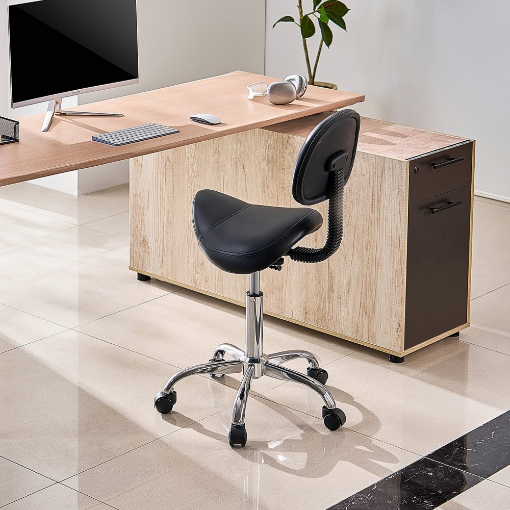 VEVOR Saddle Stool Rolling Stool 204 kg Load Capacity Height Adjustable (84-100 cm) Swivel Stool Work Stool with Backrest, Ergonomic PU Leather Swivel Saddle Chair for Salon Spa Massage Clinic