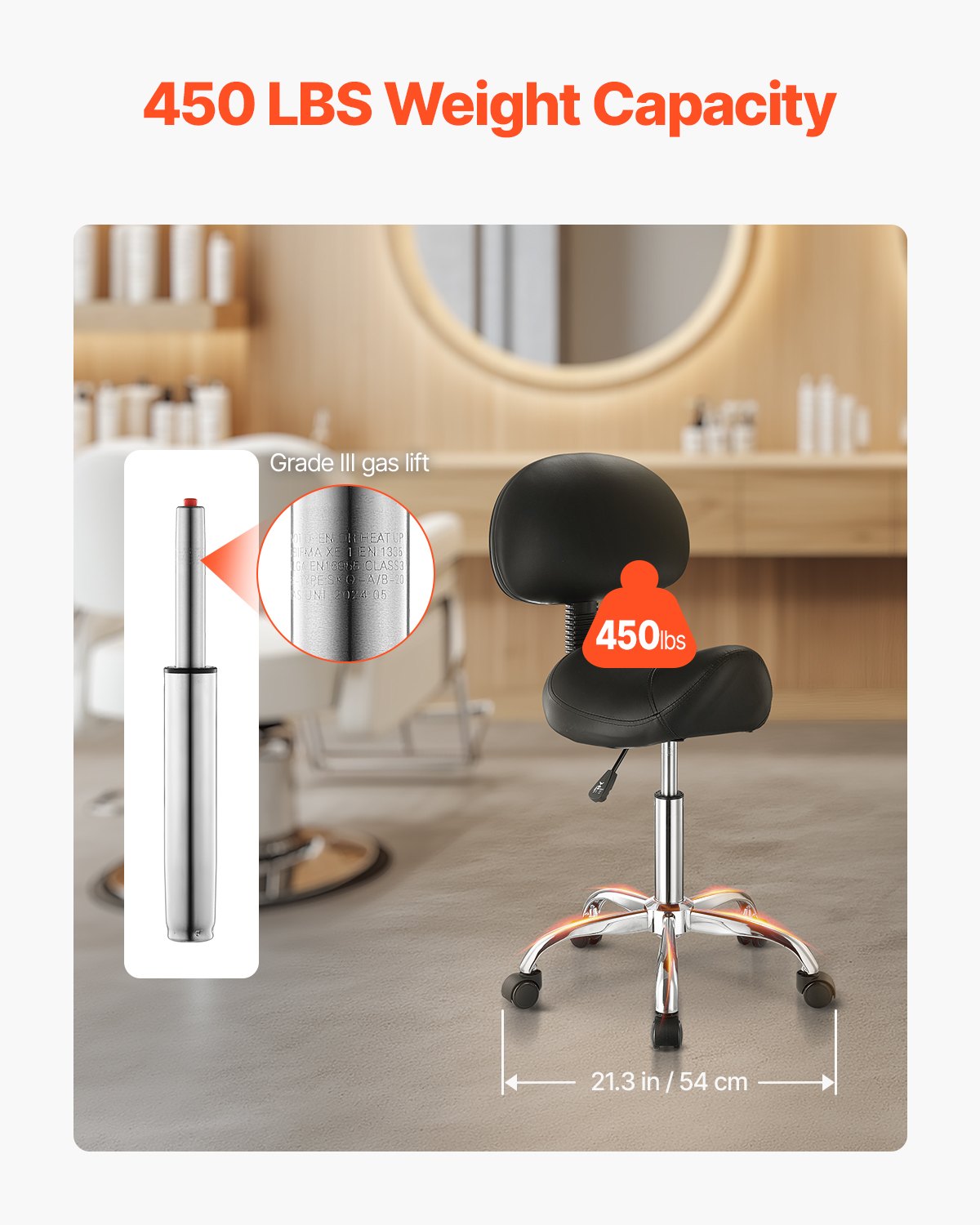 VEVOR Saddle Stool Rolling Stool 204 kg Load Capacity Height Adjustable (84-100 cm) Swivel Stool Work Stool with Backrest, Ergonomic PU Leather Swivel Saddle Chair for Salon Spa Massage Clinic