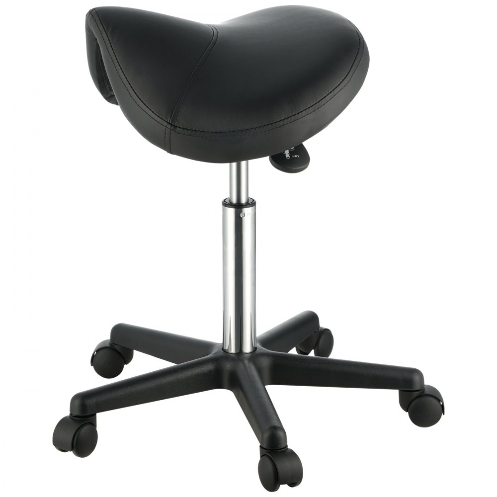 Taburete VEVOR negro con asiento ergonómico, base cromada ajustable y ruedas giratorias, vista lateral.