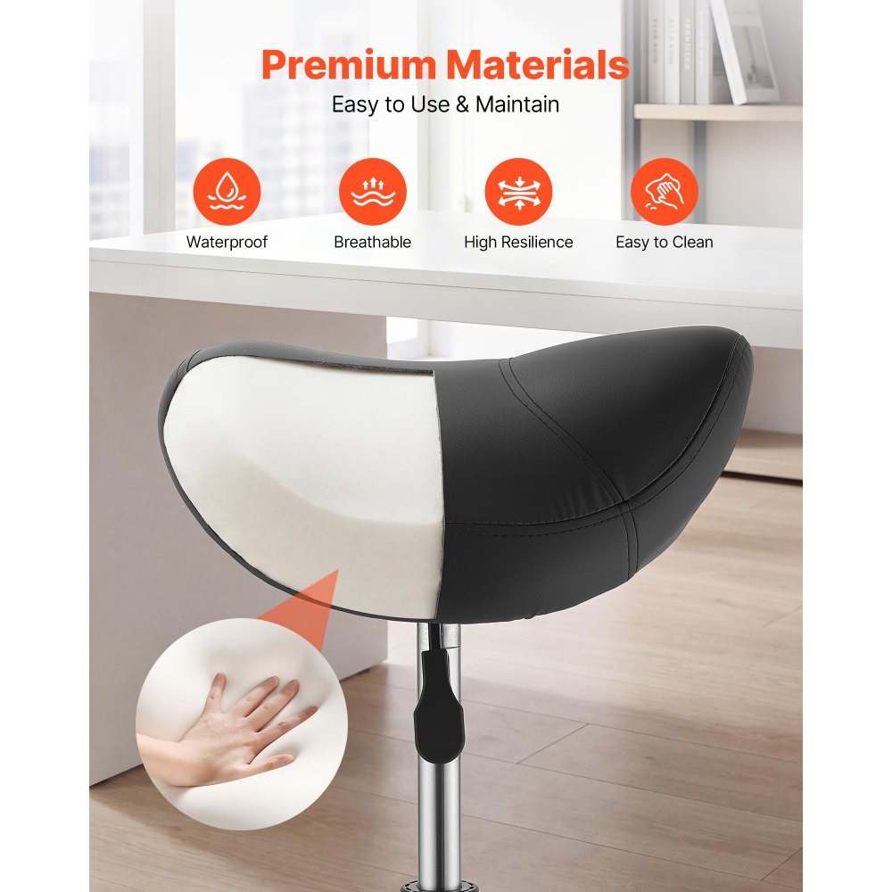 VEVOR Taburete Tipo Silla de Montar, Taburete Giratorio con Ruedas, Soporta hasta 226,8 kg, Altura Ajustable 55-71 cm, Asiento Ergonómico Tapizado con Cuero PU, para Oficina Estudio Bar Hogar, Negro