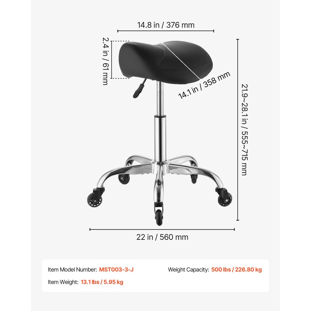 VEVOR Taburete Tipo Silla de Montar, Taburete Giratorio con Ruedas, Soporta hasta 226,8 kg, Altura Ajustable 55-71 cm, Asiento Ergonómico Tapizado con Cuero PU, para Oficina Estudio Bar Hogar, Negro