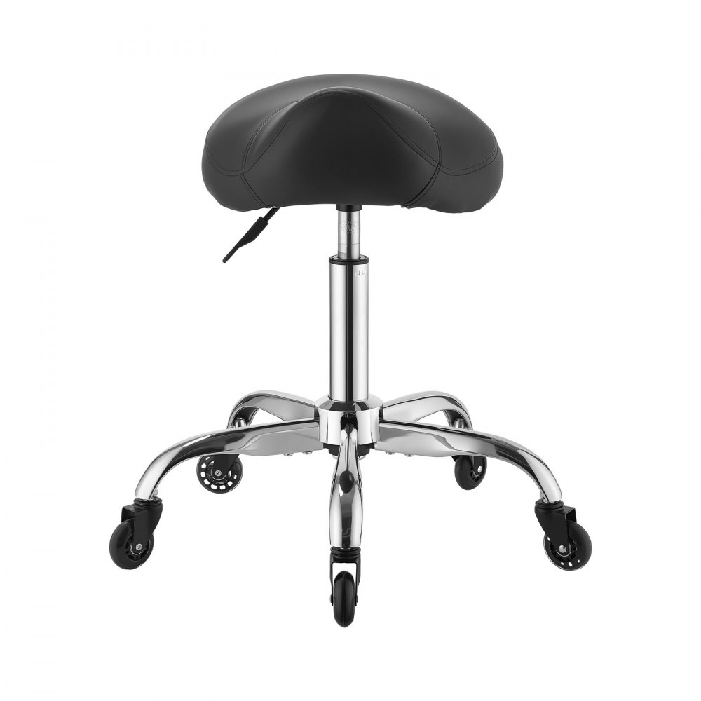 VEVOR Taburete Tipo Silla de Montar, Taburete Giratorio con Ruedas, Soporta hasta 226,8 kg, Altura Ajustable 55-71 cm, Asiento Ergonómico Tapizado con Cuero PU, para Oficina Estudio Bar Hogar, Negro
