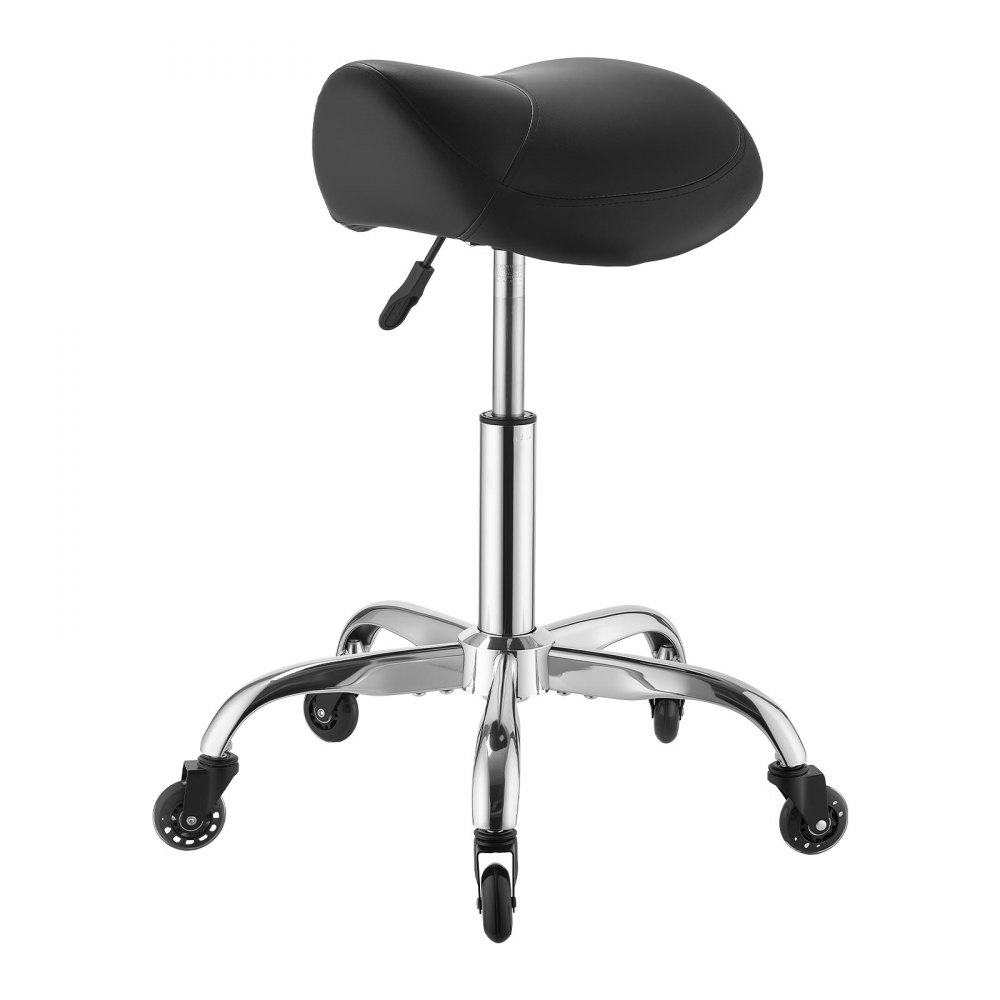 VEVOR Taburete Tipo Silla de Montar, Taburete Giratorio con Ruedas, Soporta hasta 226,8 kg, Altura Ajustable 55-71 cm, Asiento Ergonómico Tapizado con Cuero PU, para Oficina Estudio Bar Hogar, Negro