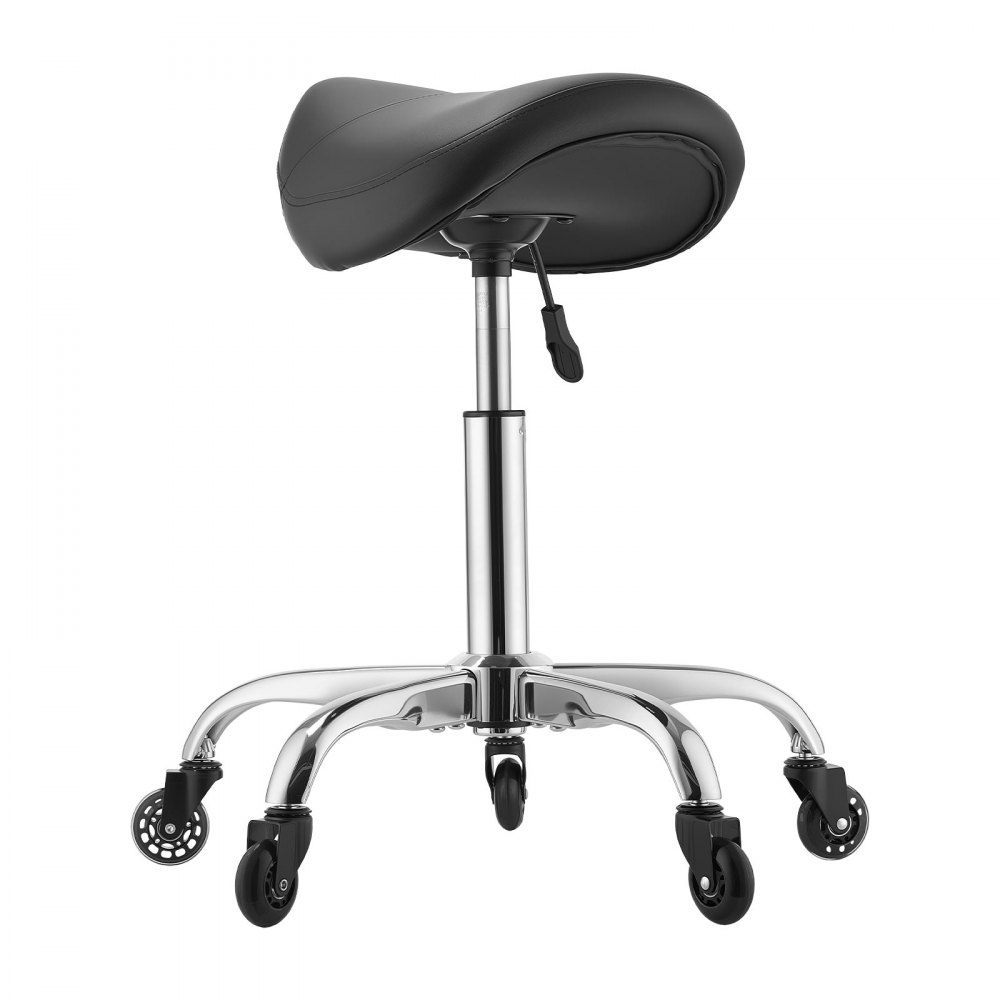 VEVOR Taburete Tipo Silla de Montar, Taburete Giratorio con Ruedas, Soporta hasta 226,8 kg, Altura Ajustable 55-71 cm, Asiento Ergonómico Tapizado con Cuero PU, para Oficina Estudio Bar Hogar, Negro