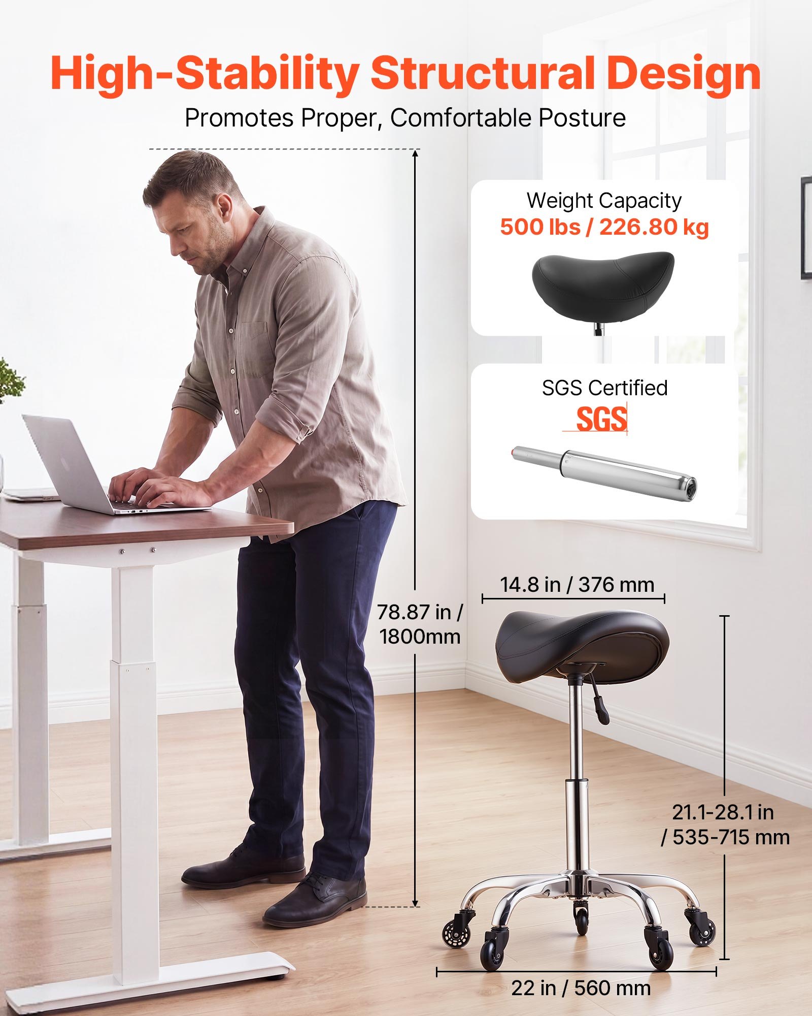 VEVOR Taburete Tipo Silla de Montar, Taburete Giratorio con Ruedas, Soporta hasta 226,8 kg, Altura Ajustable 55-71 cm, Asiento Ergonómico Tapizado con Cuero PU, para Oficina Estudio Bar Hogar, Negro