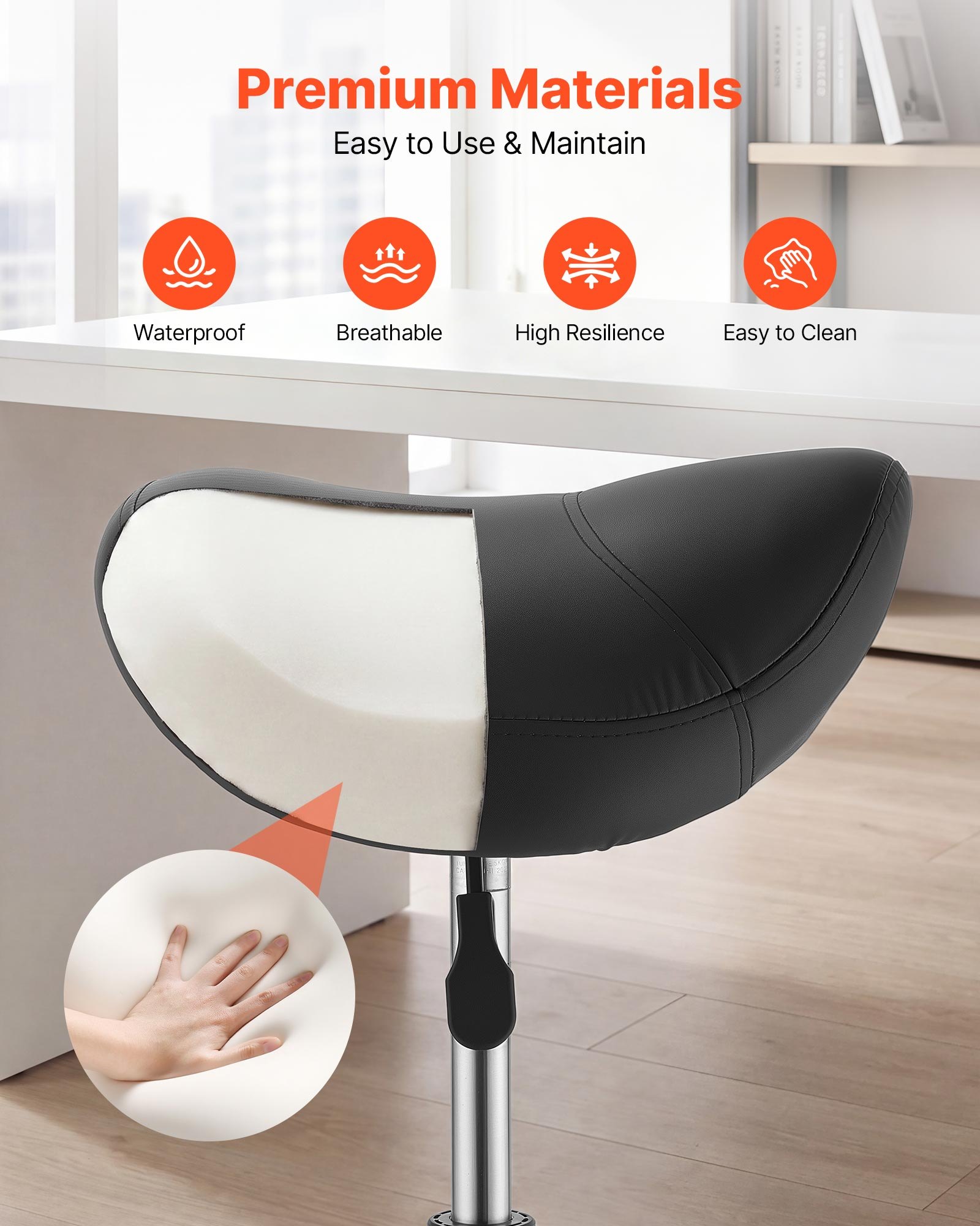 VEVOR Taburete Tipo Silla de Montar, Taburete Giratorio con Ruedas, Soporta hasta 226,8 kg, Altura Ajustable 55-71 cm, Asiento Ergonómico Tapizado con Cuero PU, para Oficina Estudio Bar Hogar, Negro