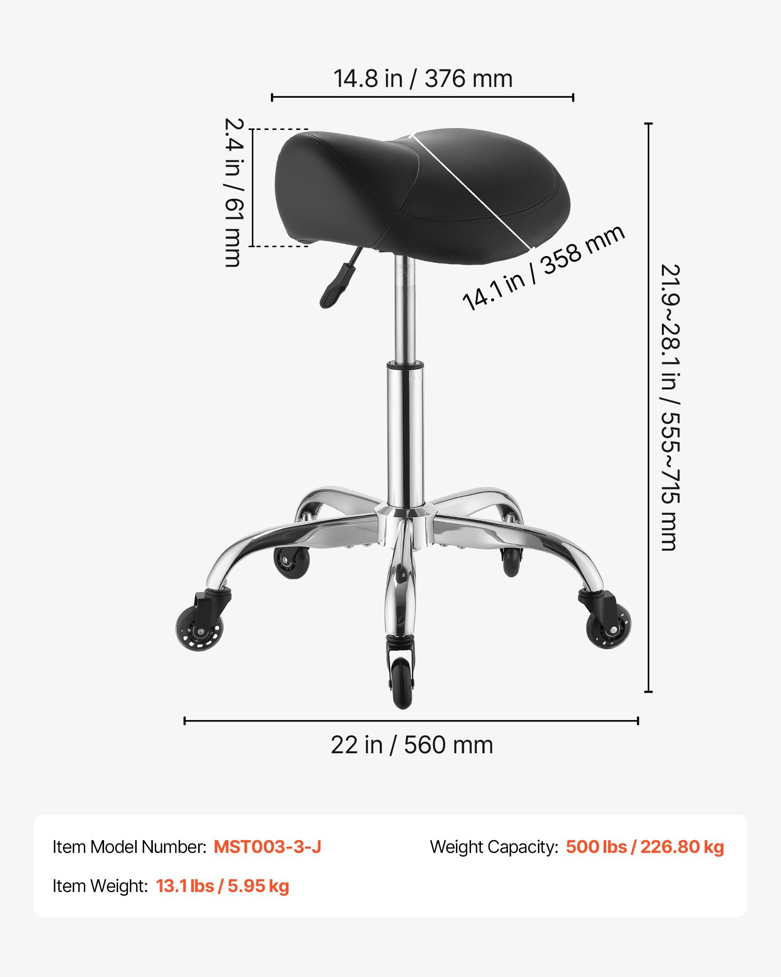 VEVOR Taburete Tipo Silla de Montar, Taburete Giratorio con Ruedas, Soporta hasta 226,8 kg, Altura Ajustable 55-71 cm, Asiento Ergonómico Tapizado con Cuero PU, para Oficina Estudio Bar Hogar, Negro