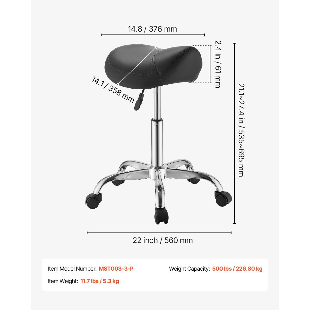 VEVOR Taburete Tipo Silla de Montar, Taburete de Trabajo con Ruedas, Capacidad de Carga 226,8 kg, Altura Ajustable, Giro 360°, Asiento Ergonómico Tapizado, Silla de Estética para Oficina Peluquería