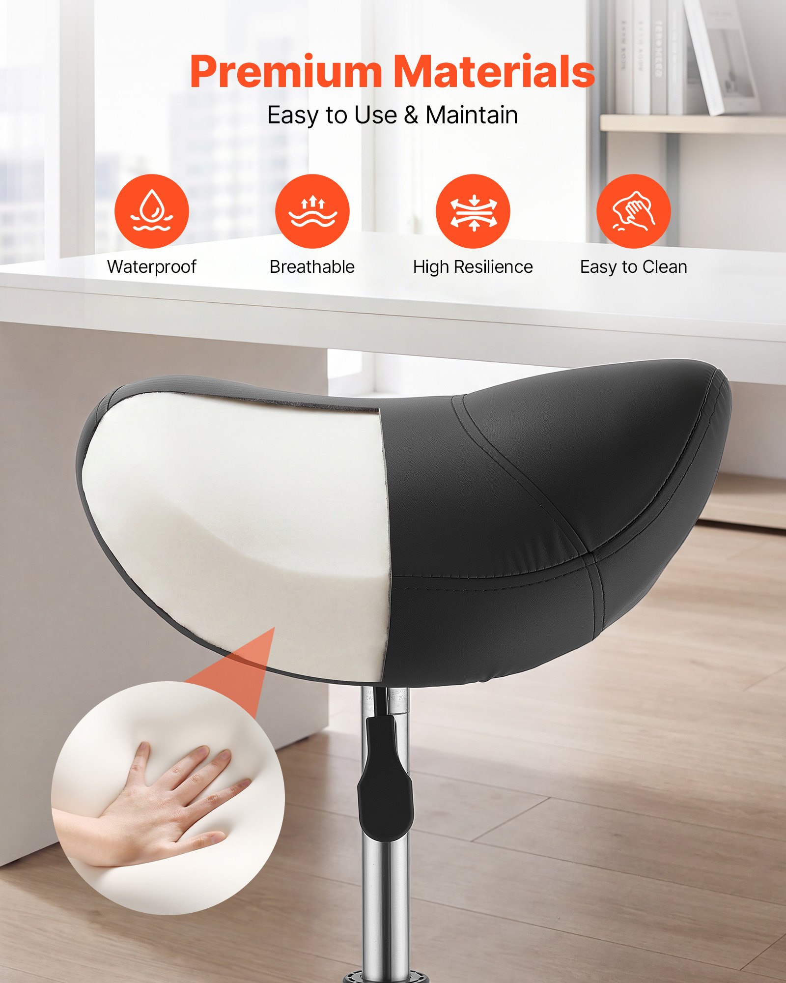 VEVOR Taburete Tipo Silla de Montar, Taburete de Trabajo con Ruedas, Capacidad de Carga 226,8 kg, Altura Ajustable, Giro 360°, Asiento Ergonómico Tapizado, Silla de Estética para Oficina Peluquería