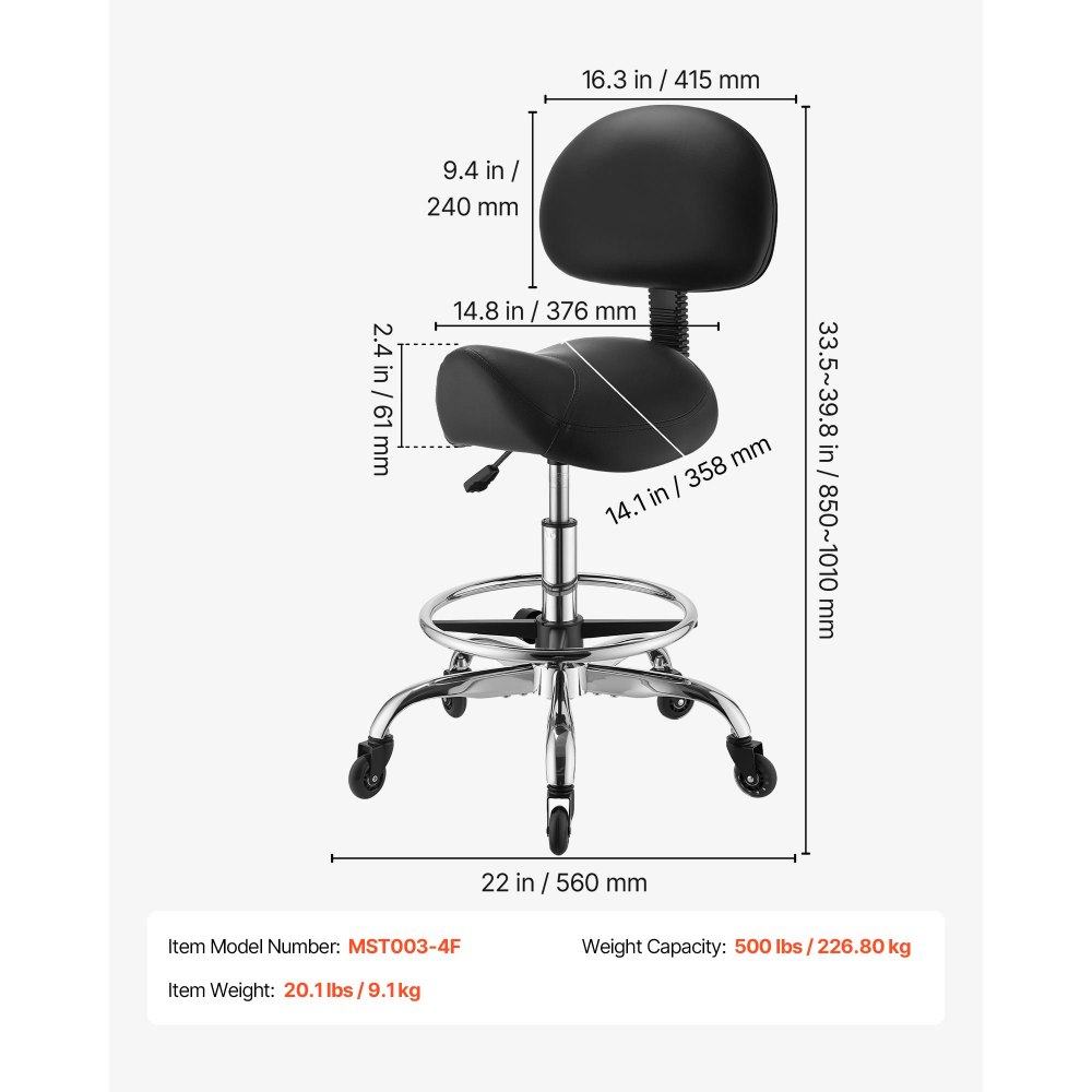 VEVOR Taburete Tipo Silla de Montar, Taburete Giratorio con Ruedas Respaldo y Reposapiés, Soporta 226,8 kg, Altura Ajustable de 55-71 cm, Asiento Tapizado de Cuero PU, para Oficina Taller Peluquería