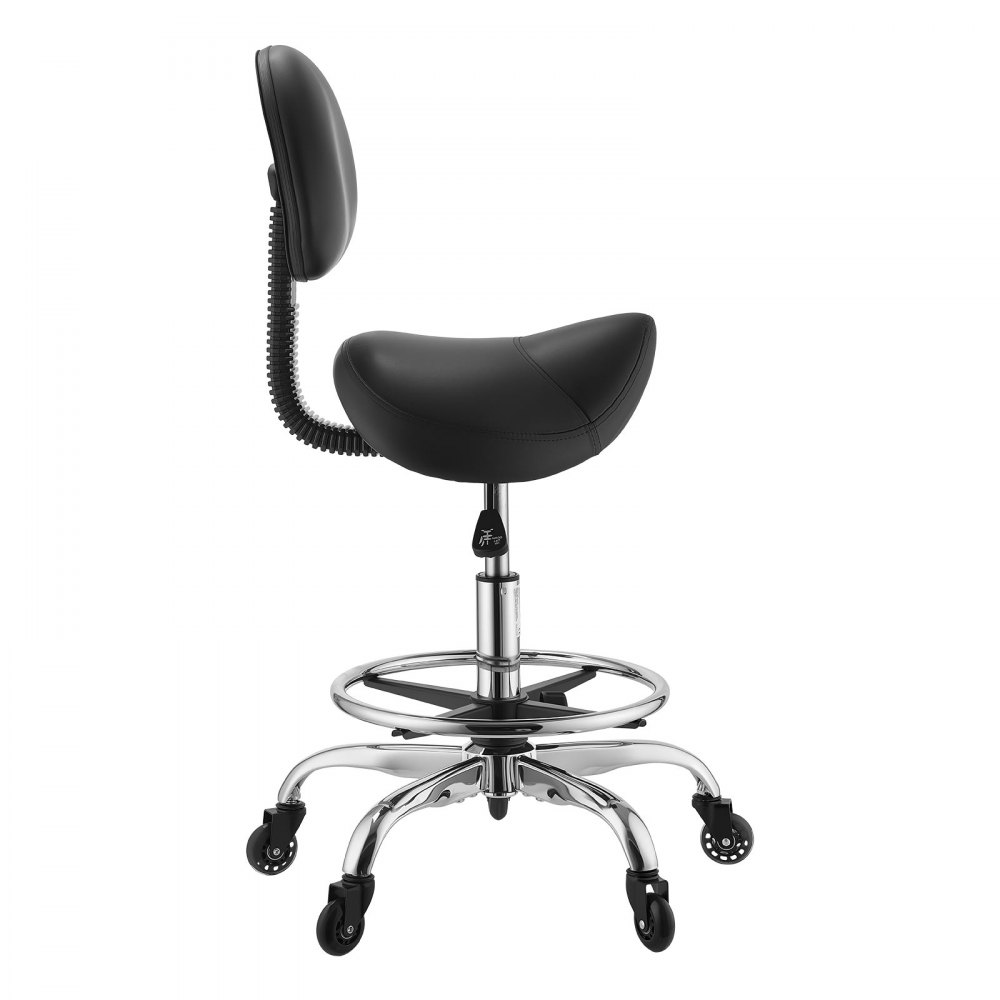 VEVOR Taburete Tipo Silla de Montar, Taburete Giratorio con Ruedas Respaldo y Reposapiés, Soporta 226,8 kg, Altura Ajustable de 55-71 cm, Asiento Tapizado de Cuero PU, para Oficina Taller Peluquería