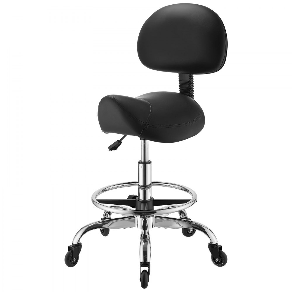 VEVOR Taburete Tipo Silla de Montar, Taburete Giratorio con Ruedas Respaldo y Reposapiés, Soporta 226,8 kg, Altura Ajustable de 55-71 cm, Asiento Tapizado de Cuero PU, para Oficina Taller Peluquería