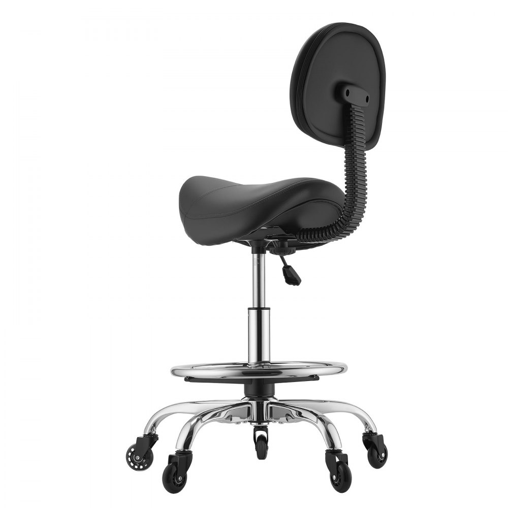 VEVOR Taburete Tipo Silla de Montar, Taburete Giratorio con Ruedas Respaldo y Reposapiés, Soporta 226,8 kg, Altura Ajustable de 55-71 cm, Asiento Tapizado de Cuero PU, para Oficina Taller Peluquería
