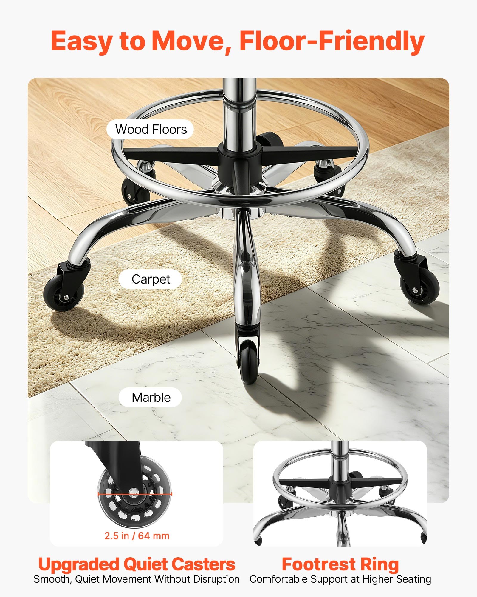 VEVOR Taburete Tipo Silla de Montar, Taburete Giratorio con Ruedas Respaldo y Reposapiés, Soporta 226,8 kg, Altura Ajustable de 55-71 cm, Asiento Tapizado de Cuero PU, para Oficina Taller Peluquería