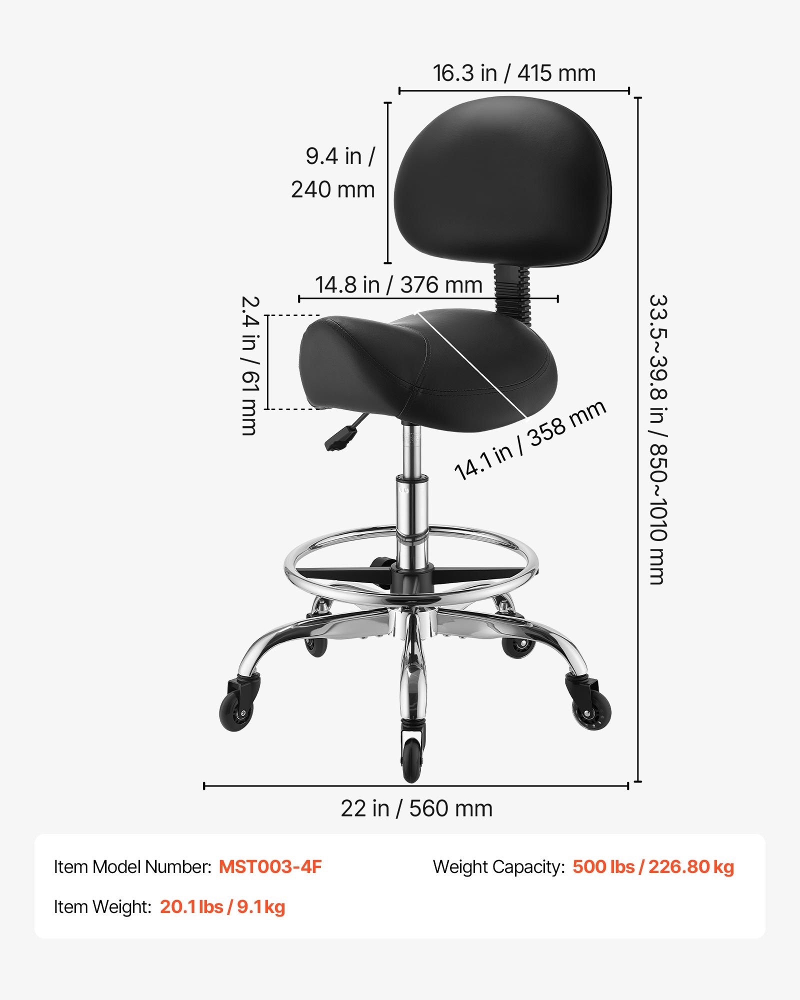 VEVOR Taburete Tipo Silla de Montar, Taburete Giratorio con Ruedas Respaldo y Reposapiés, Soporta 226,8 kg, Altura Ajustable de 55-71 cm, Asiento Tapizado de Cuero PU, para Oficina Taller Peluquería