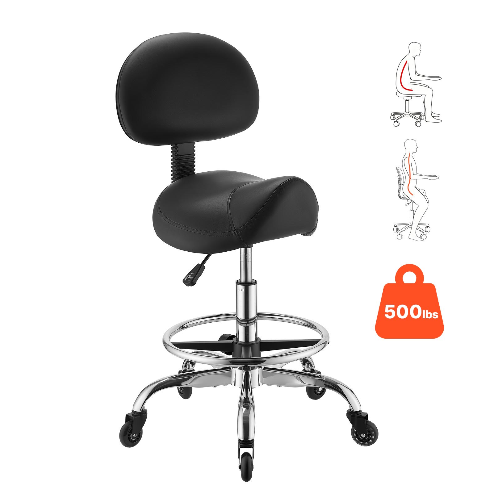VEVOR Taburete Tipo Silla de Montar, Taburete Giratorio con Ruedas Respaldo y Reposapiés, Soporta 226,8 kg, Altura Ajustable de 55-71 cm, Asiento Tapizado de Cuero PU, para Oficina Taller Peluquería