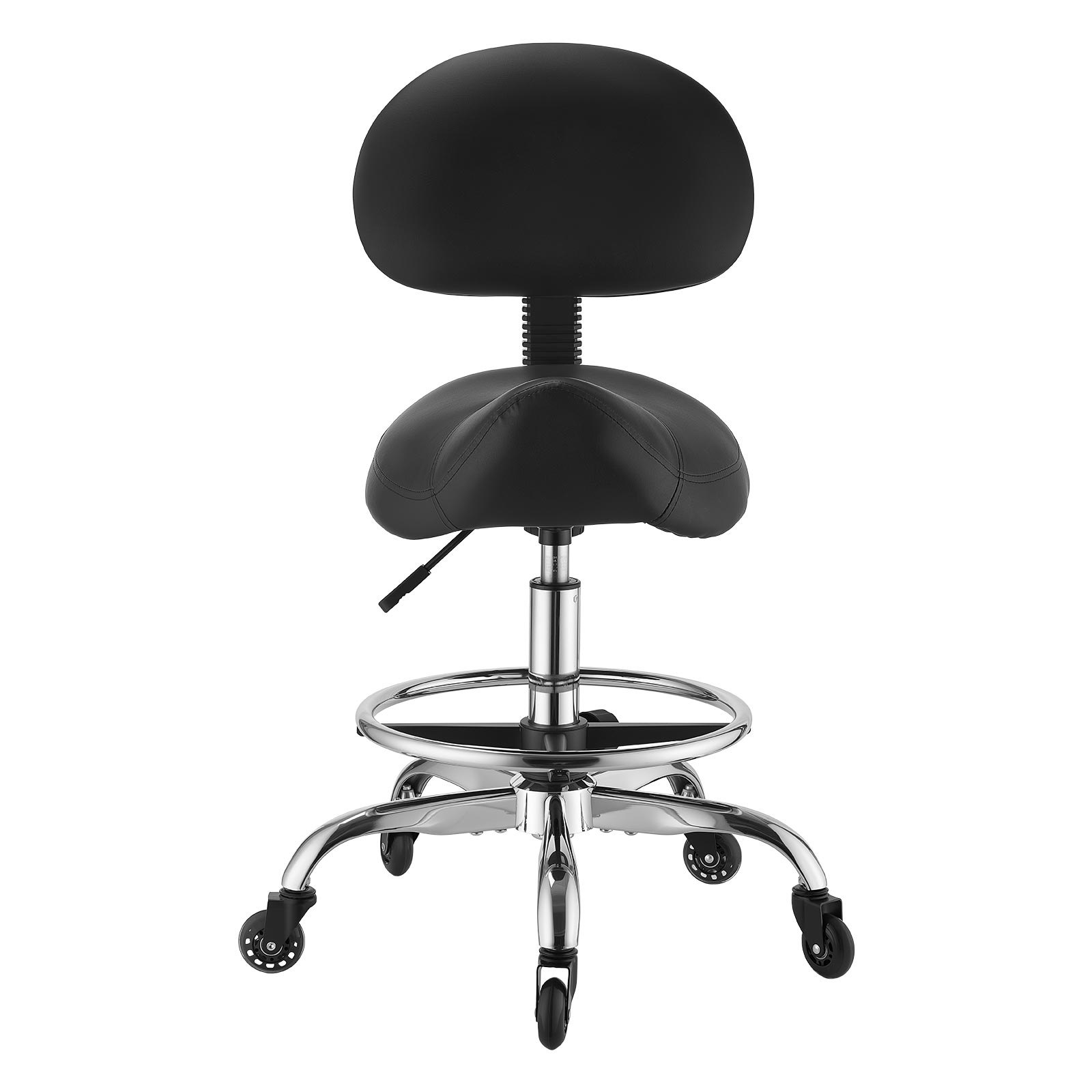 VEVOR Taburete Tipo Silla de Montar, Taburete Giratorio con Ruedas Respaldo y Reposapiés, Soporta 226,8 kg, Altura Ajustable de 55-71 cm, Asiento Tapizado de Cuero PU, para Oficina Taller Peluquería