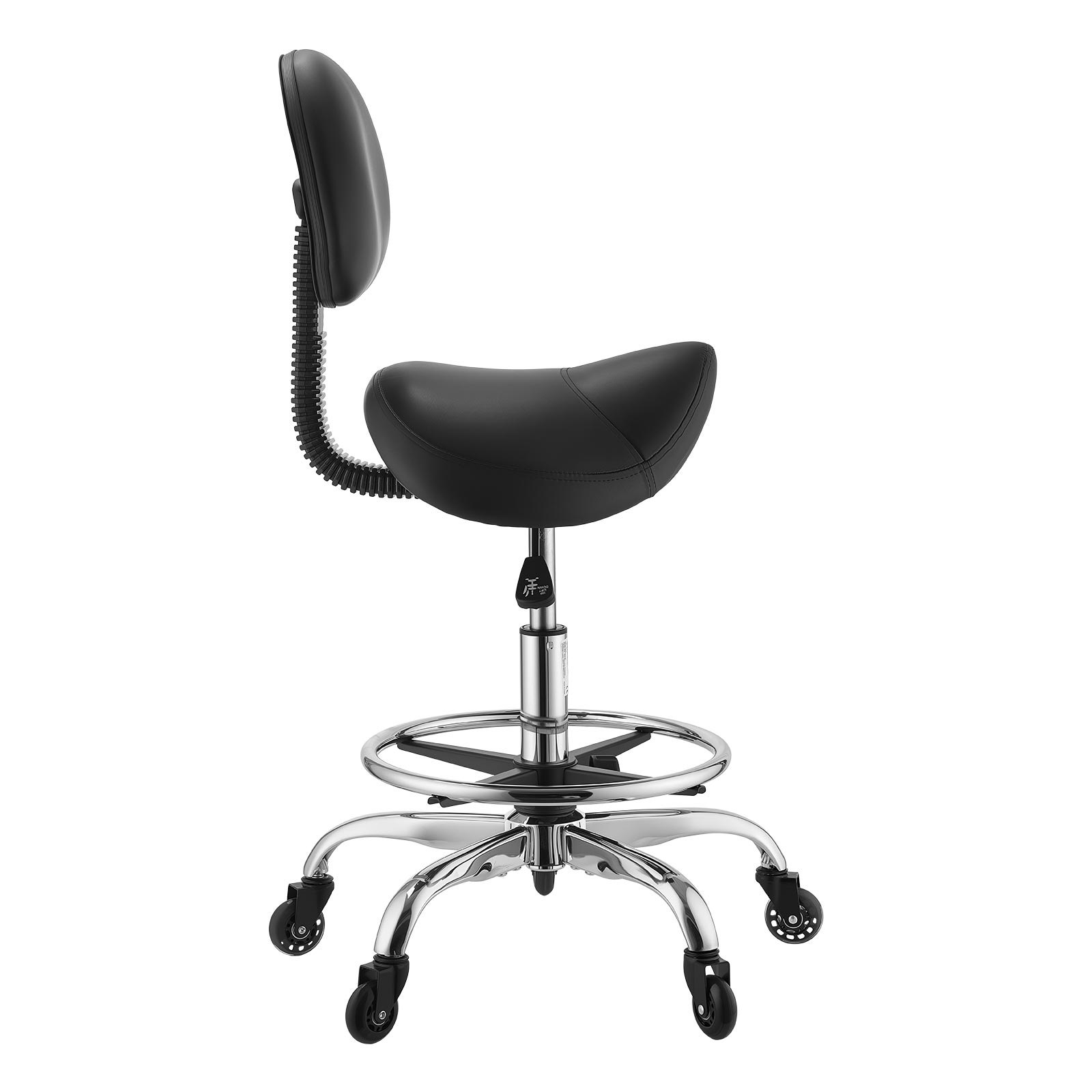 VEVOR Taburete Tipo Silla de Montar, Taburete Giratorio con Ruedas Respaldo y Reposapiés, Soporta 226,8 kg, Altura Ajustable de 55-71 cm, Asiento Tapizado de Cuero PU, para Oficina Taller Peluquería