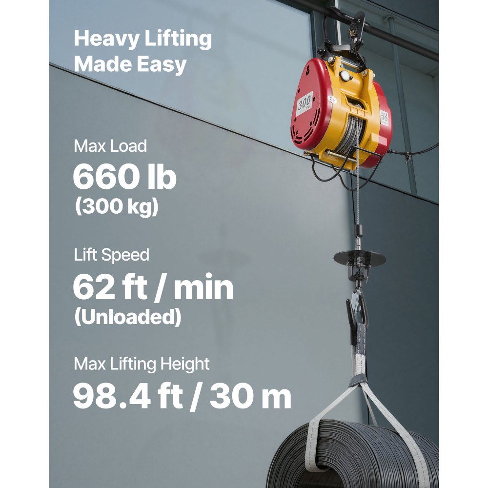 VEVOR Cabrestante Eléctrico 2 en 1, Carga de 300 kg, 1500 W, Altura de Elevación de 30 m, Velocidad de 18,9 m/min con Control Remoto con Cable e Inalámbrico para Fábricas, Almacenes y Talleres