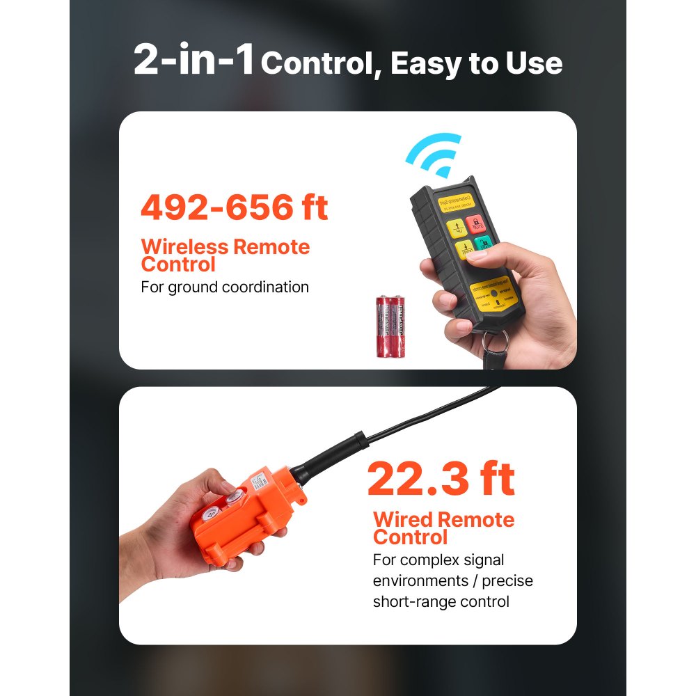 VEVOR Cabrestante Eléctrico 2 en 1, Carga de 300 kg, 1500 W, Altura de Elevación de 30 m, Velocidad de 18,9 m/min con Control Remoto con Cable e Inalámbrico para Fábricas, Almacenes y Talleres
