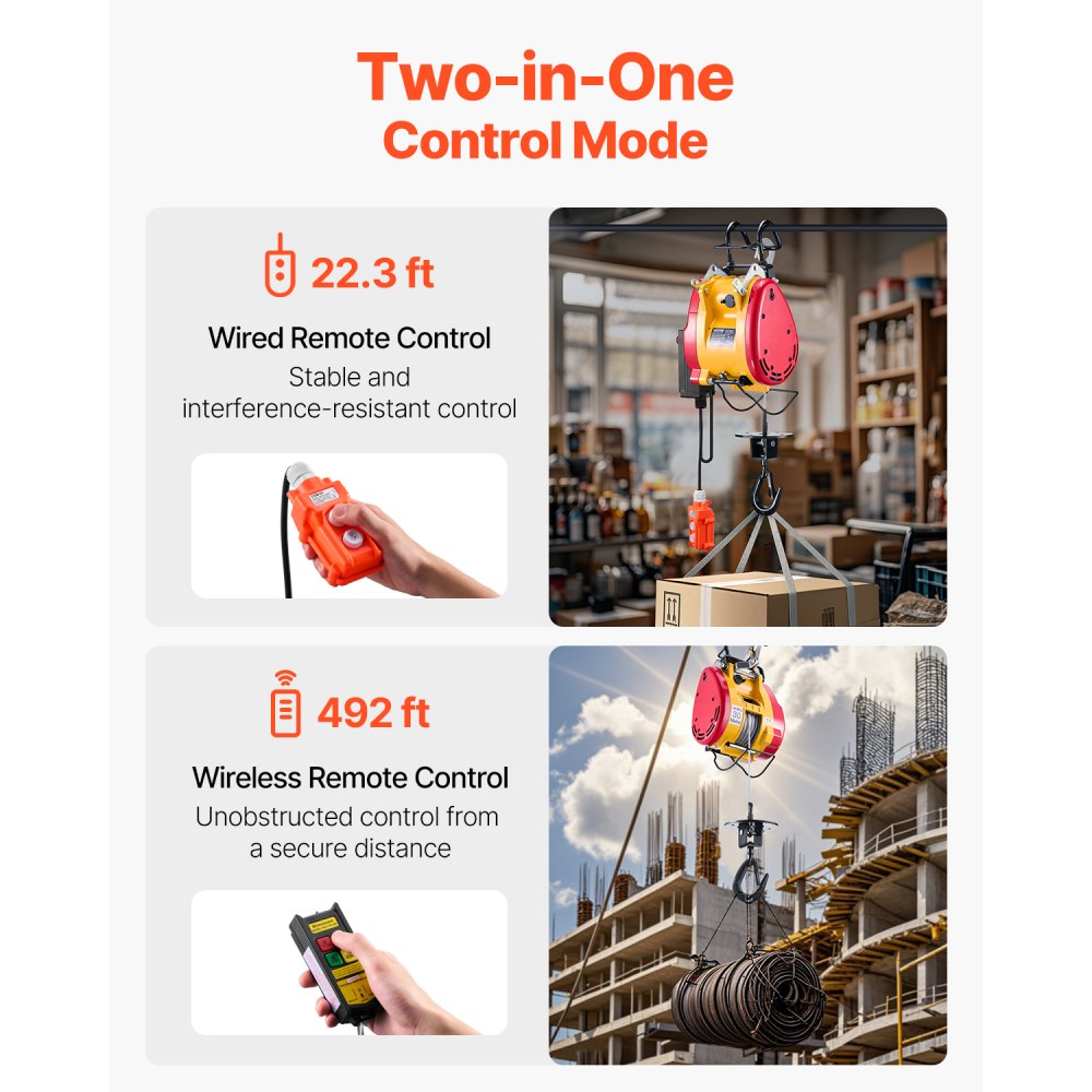 VEVOR 1800 W 2 en 1 Cabrestante Eléctrico con Cable y Control Remoto Inalámbrico, Capacidad de Elevación 500 kg, Altura de Elevación 30 m Velocidad de Elevación de 11 m/min para Elevación y Remolque