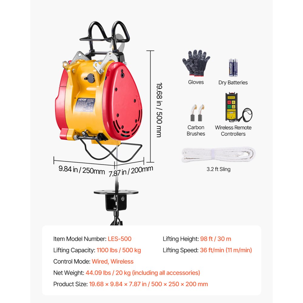VEVOR 1800 W 2 en 1 Cabrestante Eléctrico con Cable y Control Remoto Inalámbrico, Capacidad de Elevación 500 kg, Altura de Elevación 30 m Velocidad de Elevación de 11 m/min para Elevación y Remolque