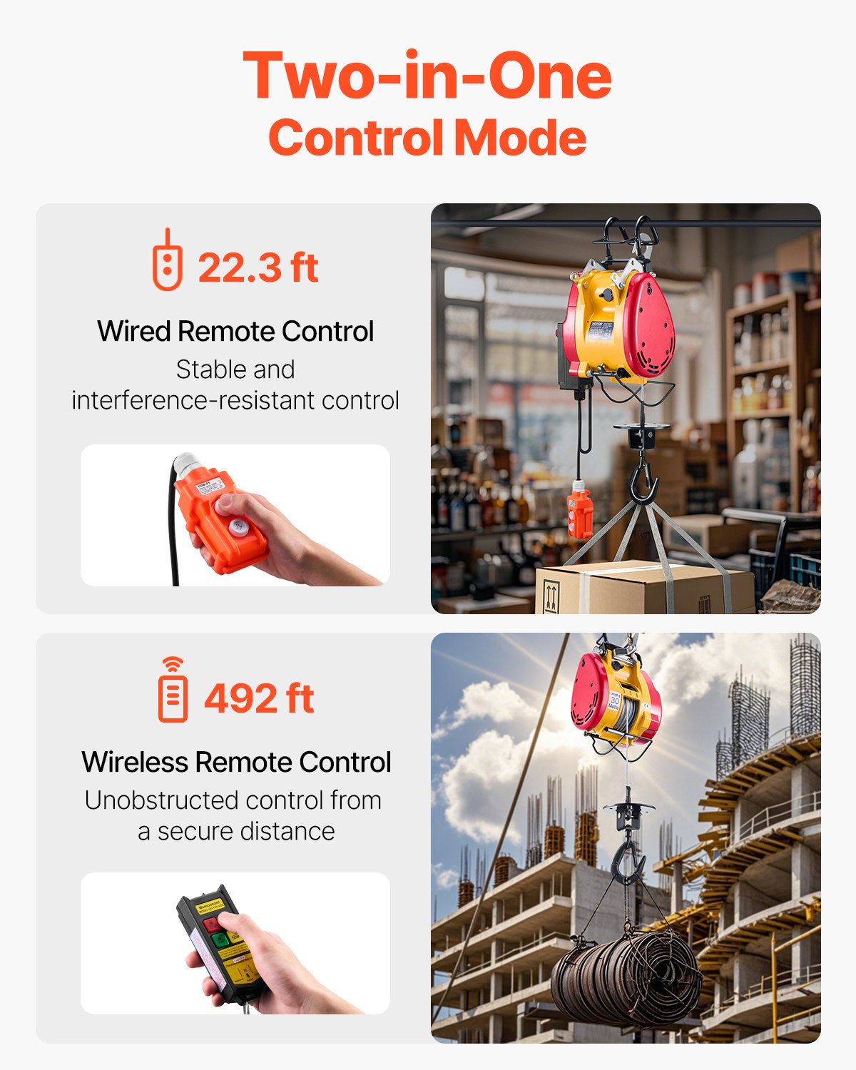 VEVOR 2-in-1 electric lifting winch, 500 kg capacity, 1800 W portable power winch, 30 m lifting height, 11 m/min with wired and wireless remote control, for garage, warehouse, factory, lifting & towing work