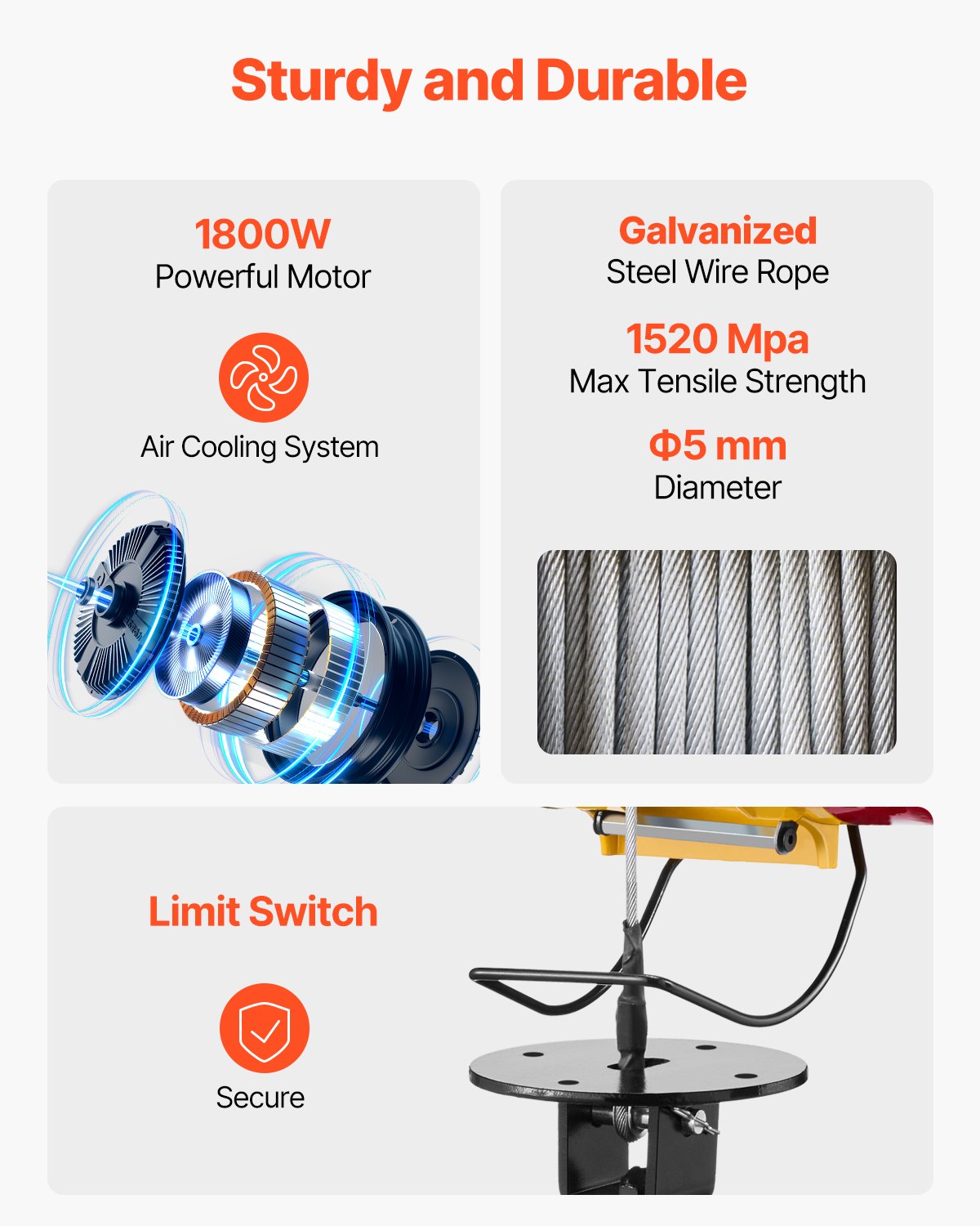VEVOR 1800 W 2 en 1 Cabrestante Eléctrico con Cable y Control Remoto Inalámbrico, Capacidad de Elevación 500 kg, Altura de Elevación 30 m Velocidad de Elevación de 11 m/min para Elevación y Remolque