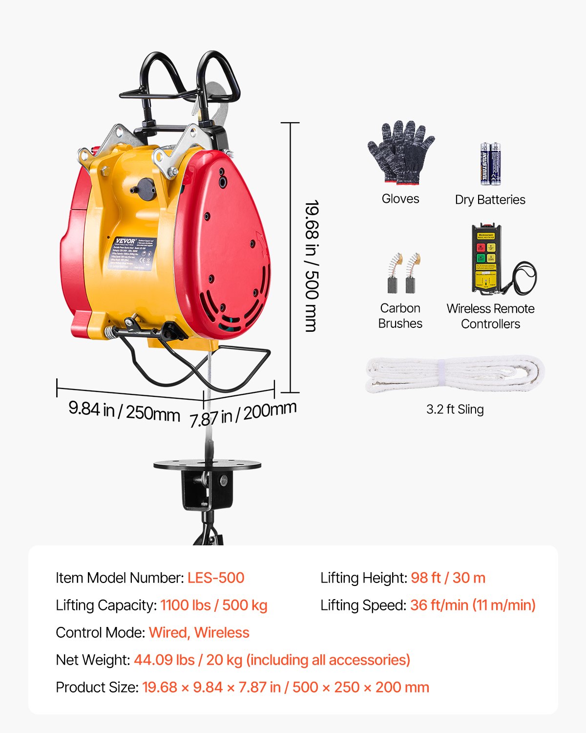 VEVOR 1800 W 2 en 1 Cabrestante Eléctrico con Cable y Control Remoto Inalámbrico, Capacidad de Elevación 500 kg, Altura de Elevación 30 m Velocidad de Elevación de 11 m/min para Elevación y Remolque