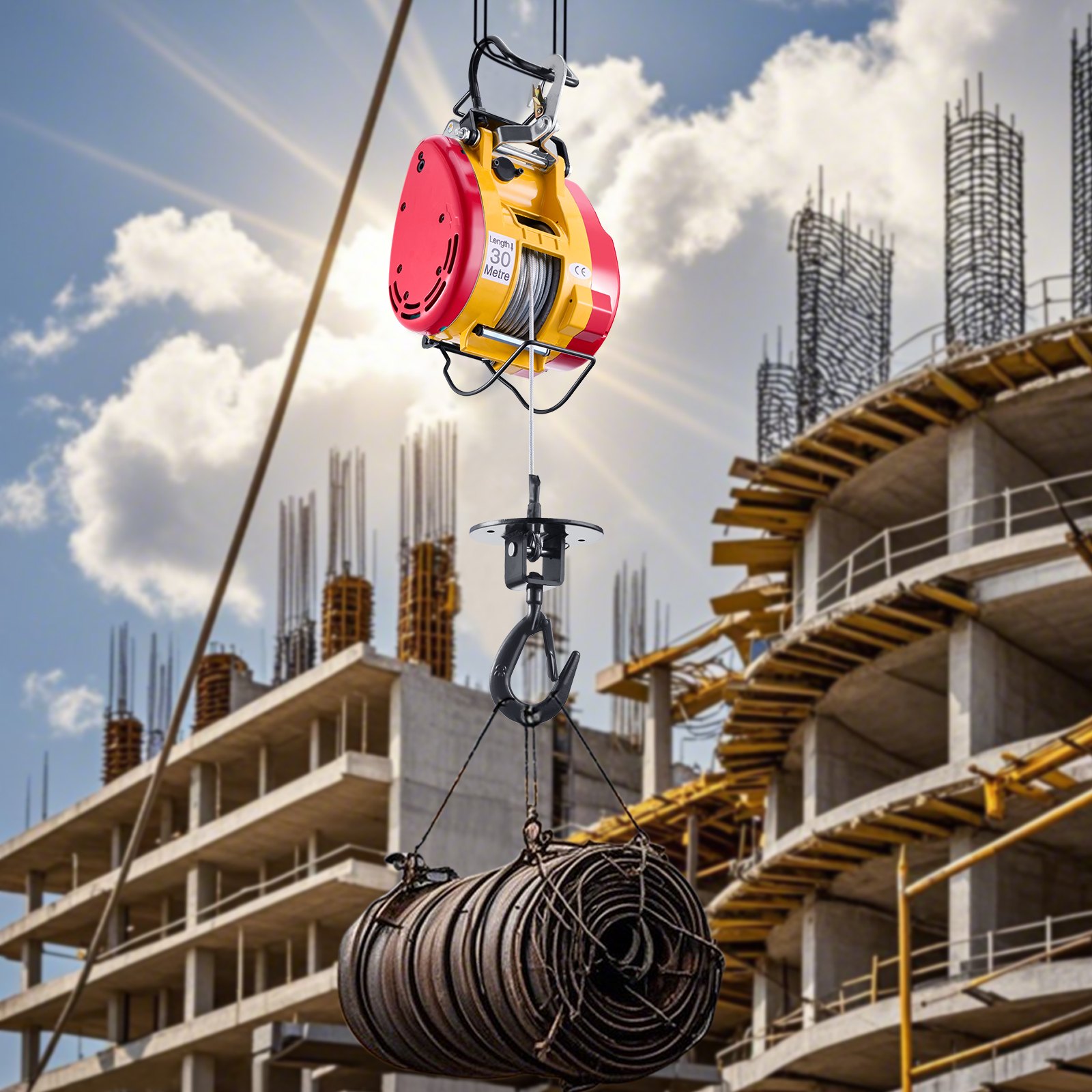 VEVOR 1800 W 2 en 1 Cabrestante Eléctrico con Cable y Control Remoto Inalámbrico, Capacidad de Elevación 500 kg, Altura de Elevación 30 m Velocidad de Elevación de 11 m/min para Elevación y Remolque