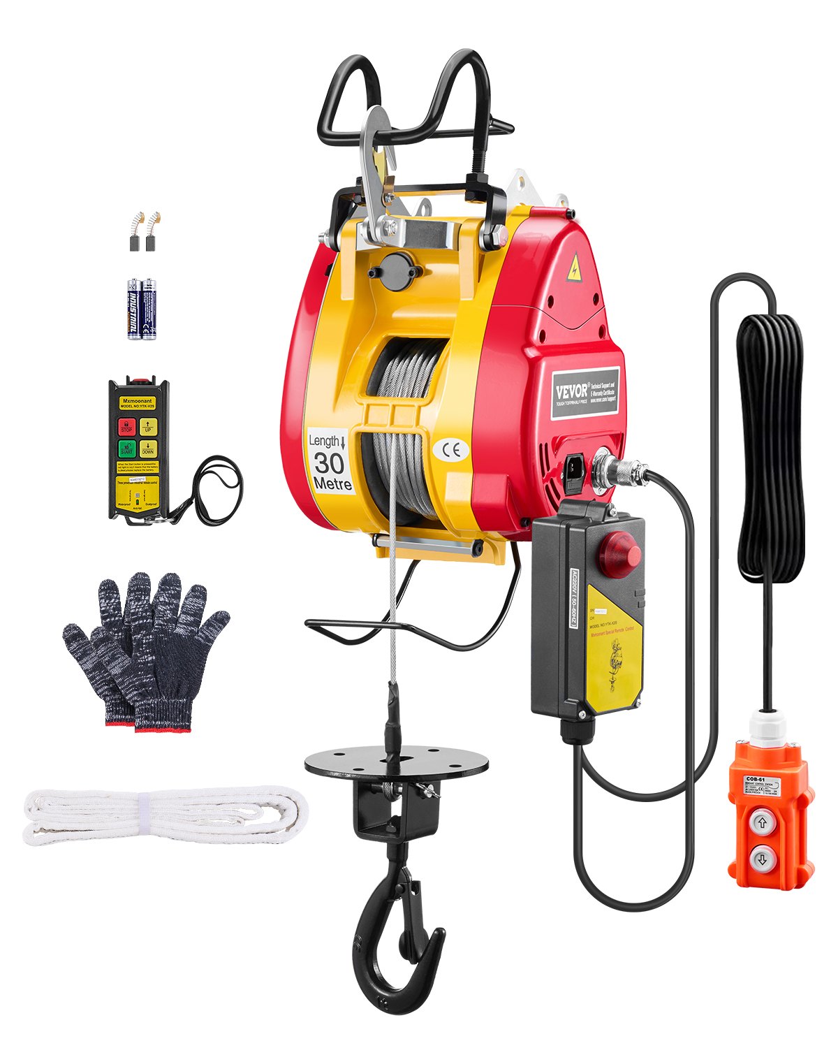 VEVOR 1800 W 2 en 1 Cabrestante Eléctrico con Cable y Control Remoto Inalámbrico, Capacidad de Elevación 500 kg, Altura de Elevación 30 m Velocidad de Elevación de 11 m/min para Elevación y Remolque