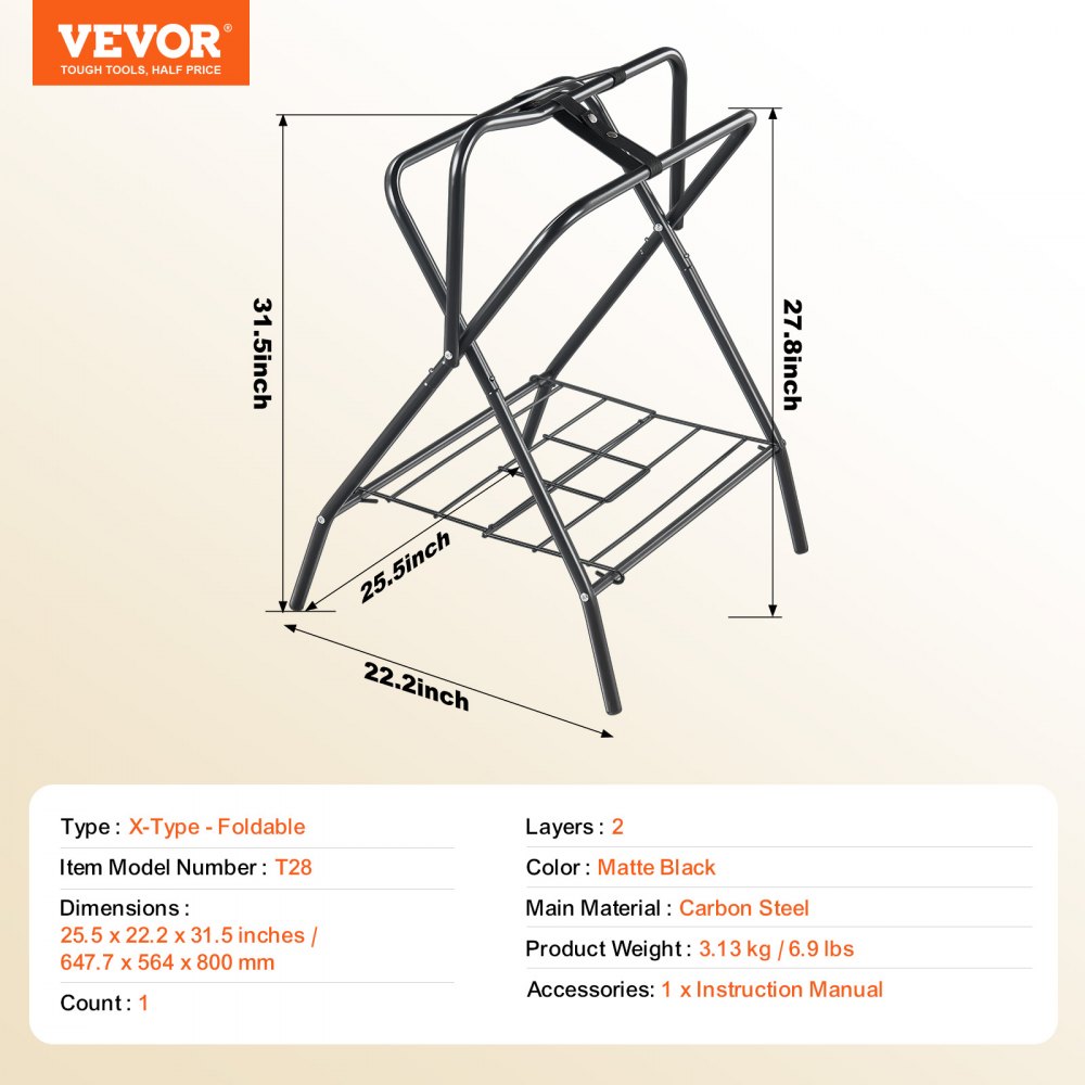 VEVOR Soporte Plegable para Sillín de Caballo de 71 x 48 x 95 cm, Soporte Independiente para Mantas de Caballo Carga de 60 kg, Soporte de Acero Resistente para Sillín Inglés y Occidental, Negro