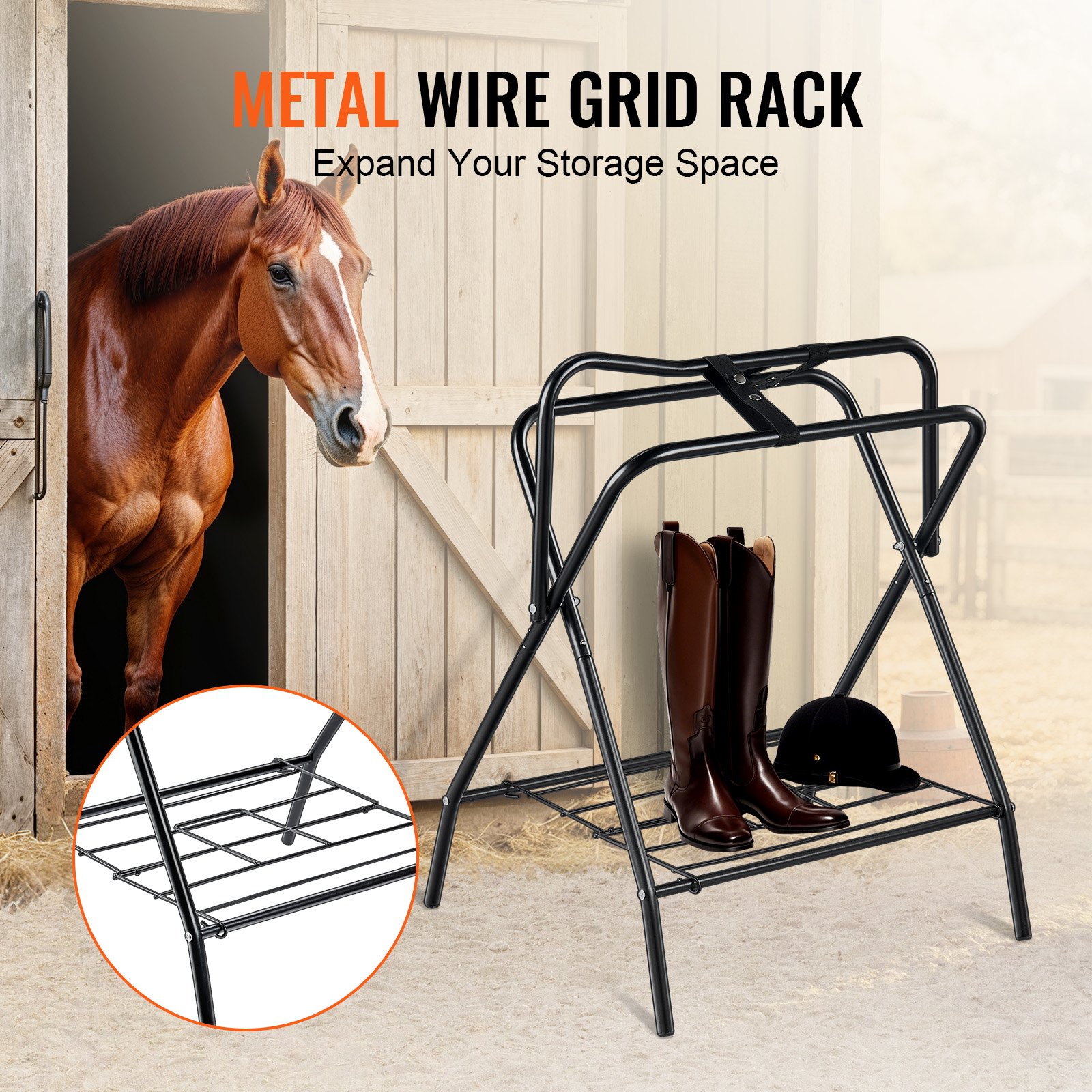 VEVOR Soporte Plegable para Sillín de Caballo de 71 x 48 x 95 cm, Soporte Independiente para Mantas de Caballo Carga de 60 kg, Soporte de Acero Resistente para Sillín Inglés y Occidental, Negro