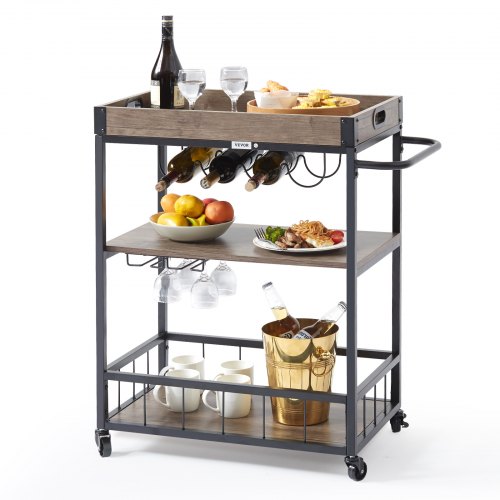 VEVOR Carrito de bar, carrito de servir para el hogar, 3 niveles de 110 libras con ruedas con cerradura, carrito móvil de bebidas con alcohol con bandeja extraíble, soporte de vidrio para cocina, come