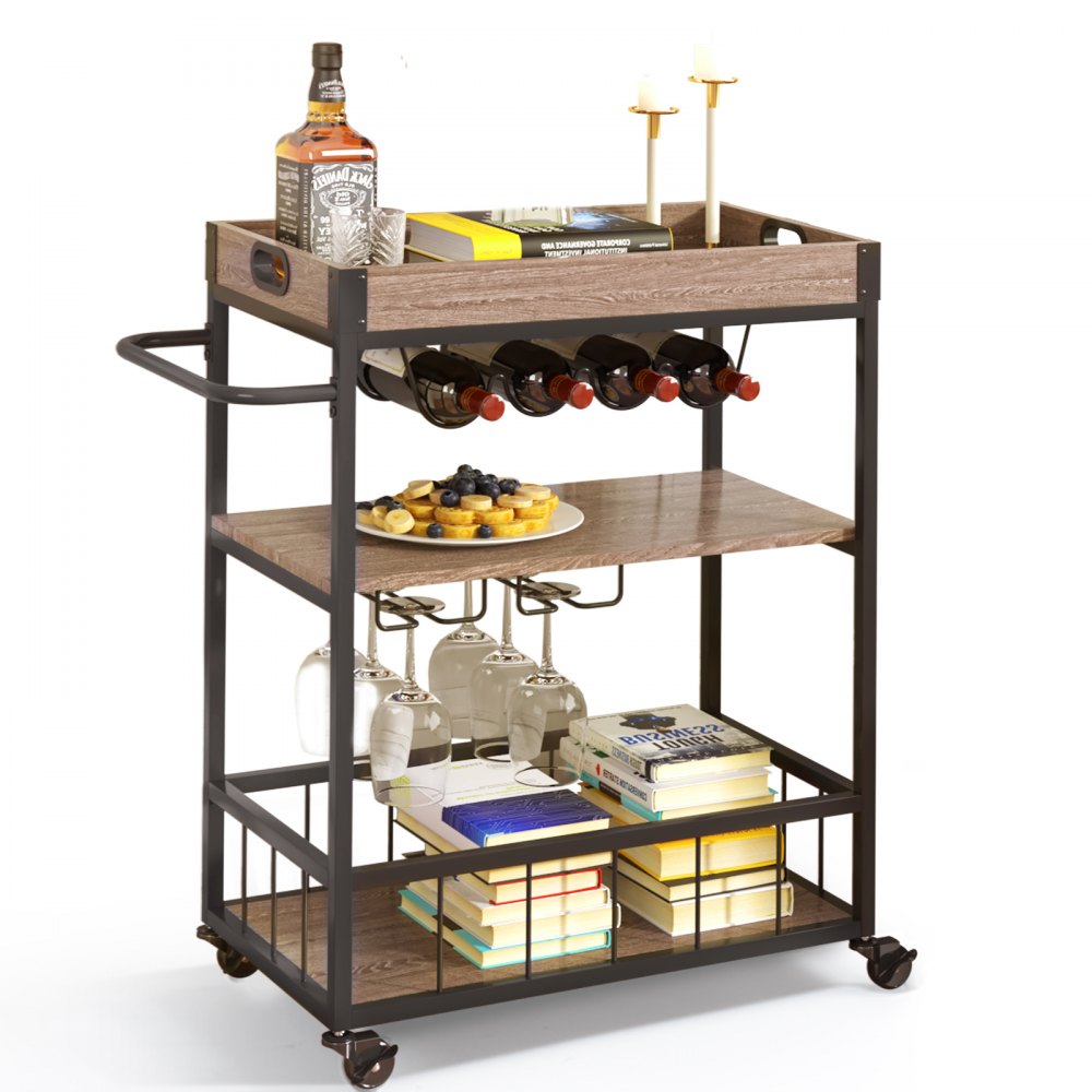 VEVOR Carrito de bar, carrito de servir para el hogar, 3 niveles de 110 libras con ruedas con cerradura, carrito móvil de bebidas con alcohol con bandeja extraíble, soporte de vidrio para cocina, come