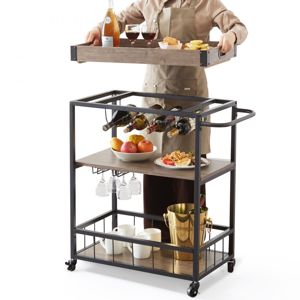 VEVOR Carrito de bar, carrito de servir para el hogar, 3 niveles de 110 libras con ruedas con cerradura, carrito móvil de bebidas con alcohol con bandeja extraíble, soporte de vidrio para cocina, come