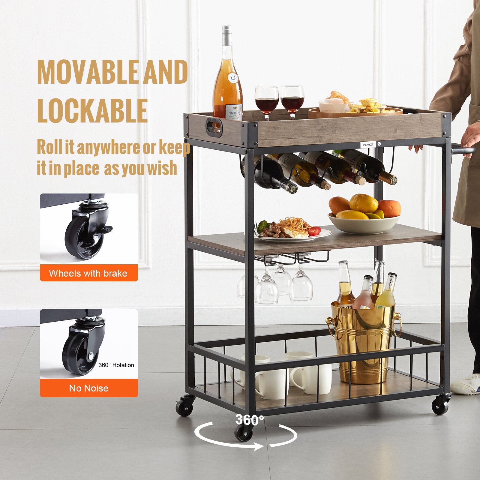 VEVOR Carrito de bar, carrito de servir para el hogar, 3 niveles de 110 libras con ruedas con cerradura, carrito móvil de bebidas con alcohol con bandeja extraíble, soporte de vidrio para cocina, come